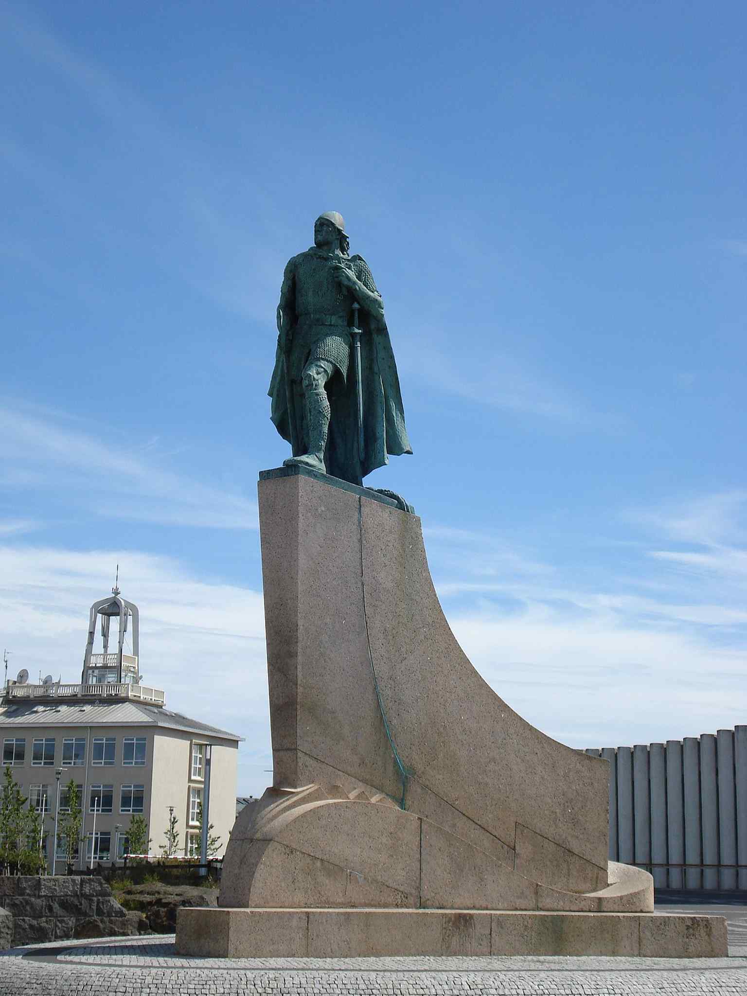 A close view of the pedestal inscription, including the wording used for the 1,000th anniversary gift from the United States to Iceland.