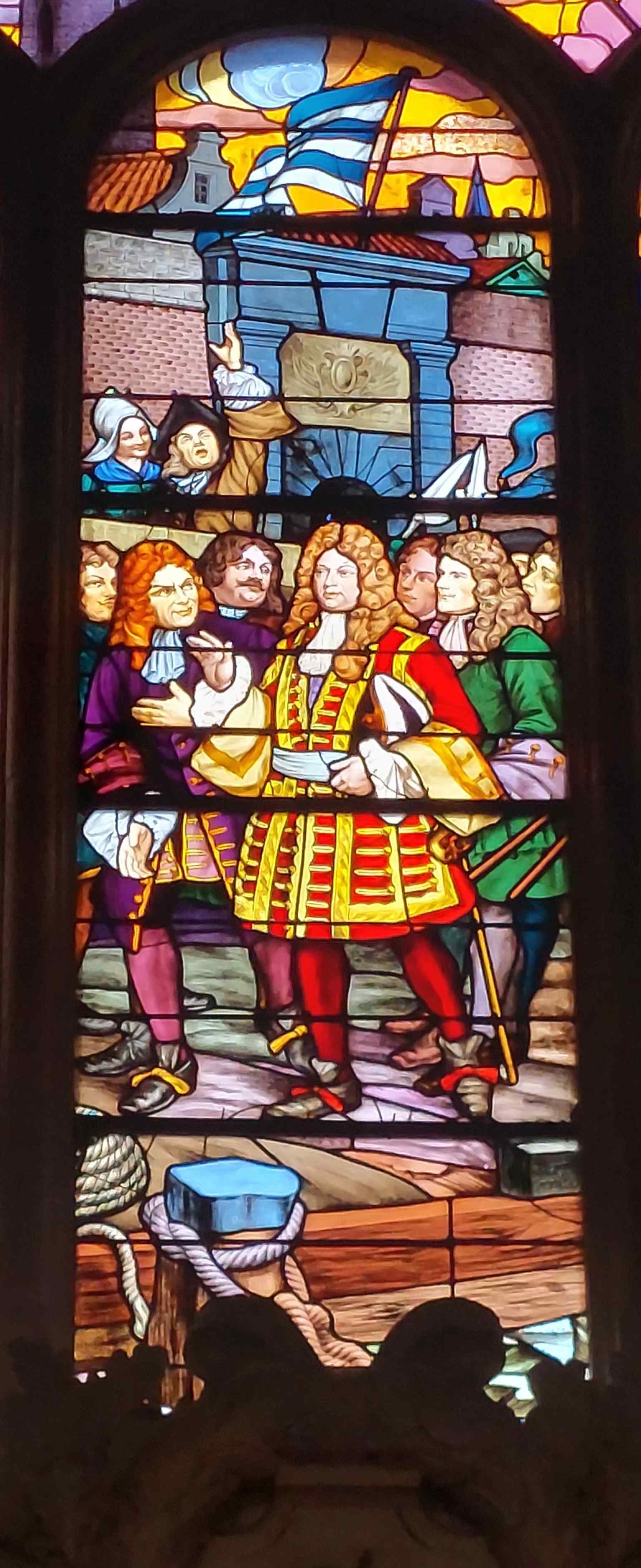 A closer view of the Jean Bart stained glass, said to depict his return after the Battle of the Texel.