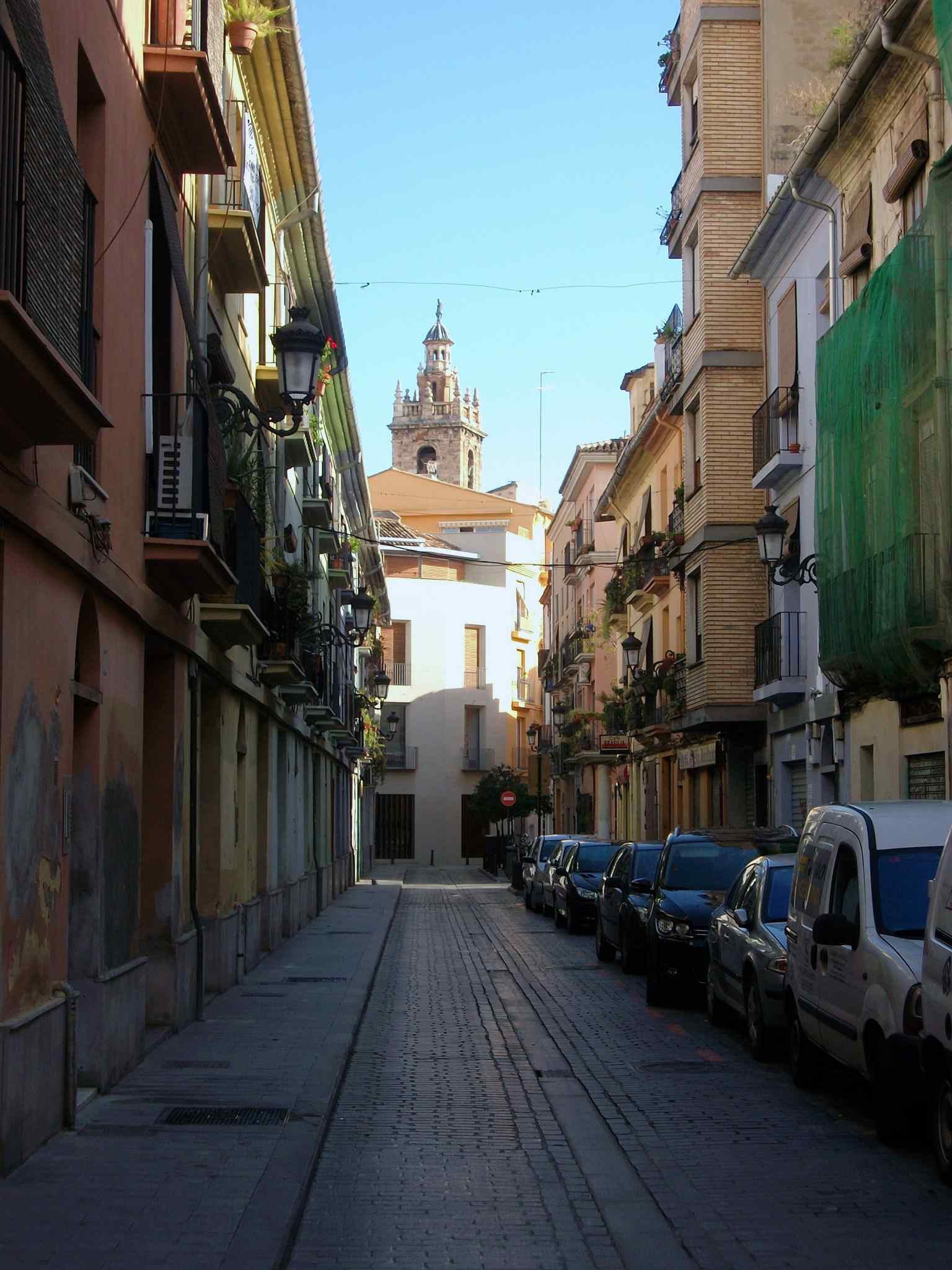 A view down the narrow, historic Carrer de na Jordana in the El Carme neighborhood (2011).