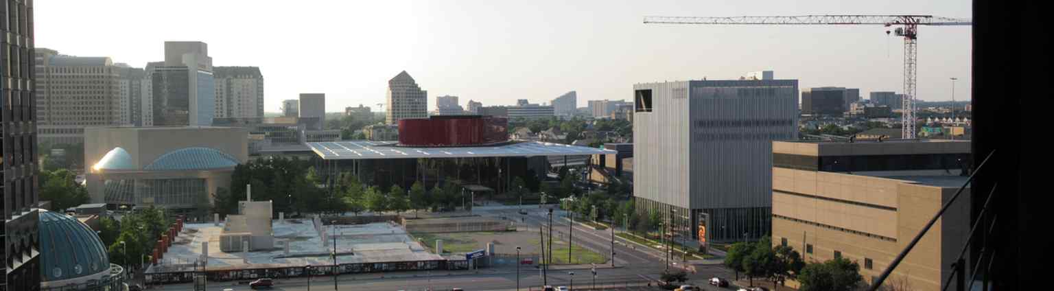 The Dallas Arts District skyline shows the Meyerson as part of the city’s major arts campus, home to the Dallas Symphony Orchestra.