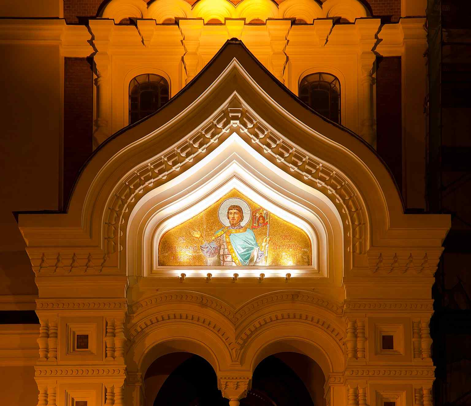 Closer exterior detail of the façades, useful for the mosaic decoration that was made in St. Petersburg and became one of the church’s defining features.