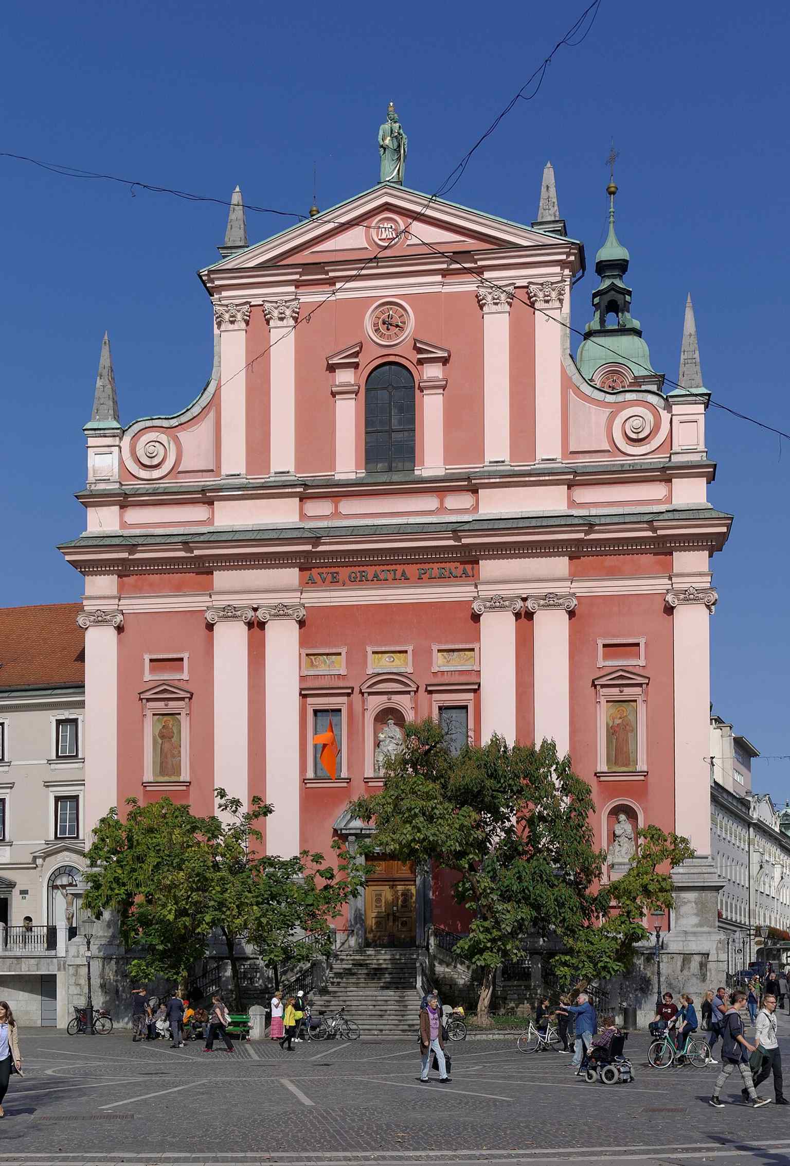 The church's two bell towers, completed in 1719, rise above the facade, a later addition to the original 17th-century construction.