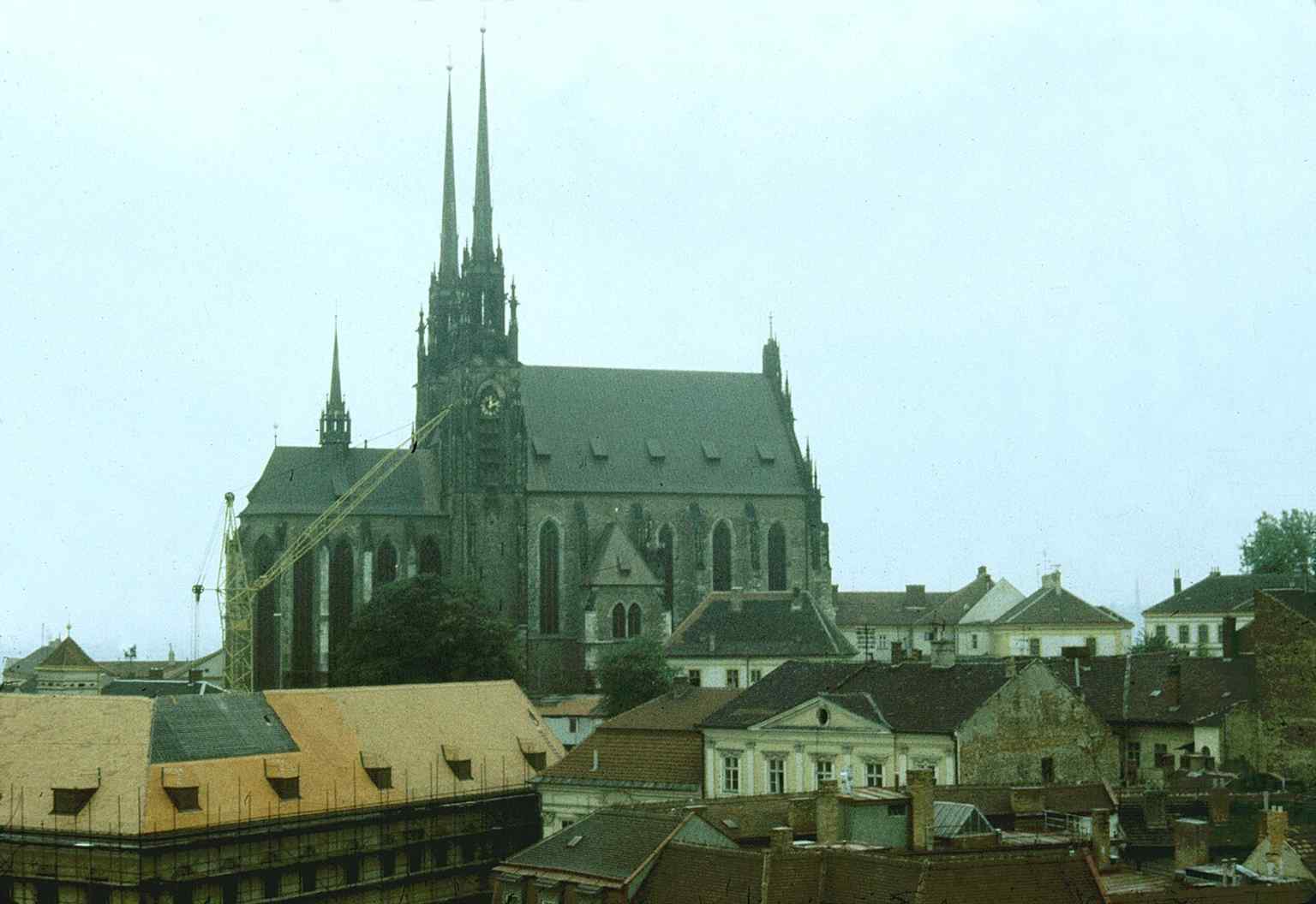 A classic skyline view from the town hall tower, highlighting Petrov as one of Brno’s most recognizable silhouettes.