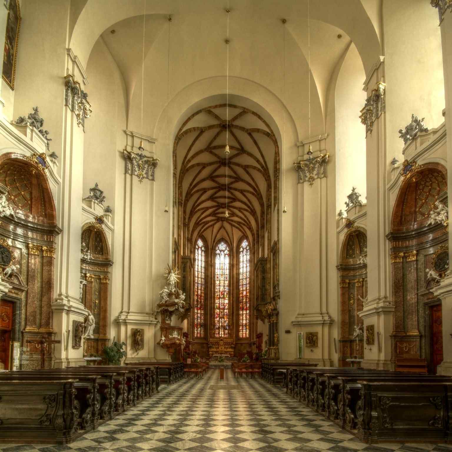 A tighter interior view that helps show the layered Baroque character of Petrov after repeated rebuilding.