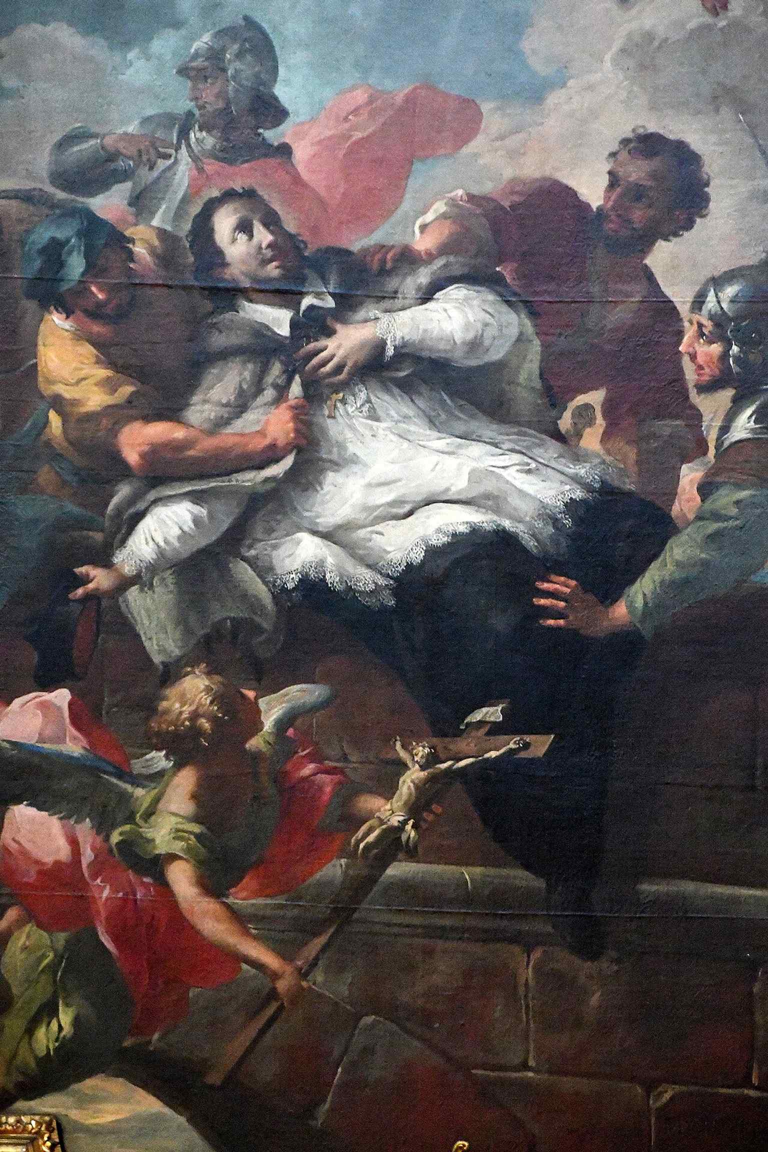 The Saint John of Nepomuk altar inside the Carmelite Church — one of the side altars described in the source, with the martyr scene and the 1762 ‘Help of Christians’ image.