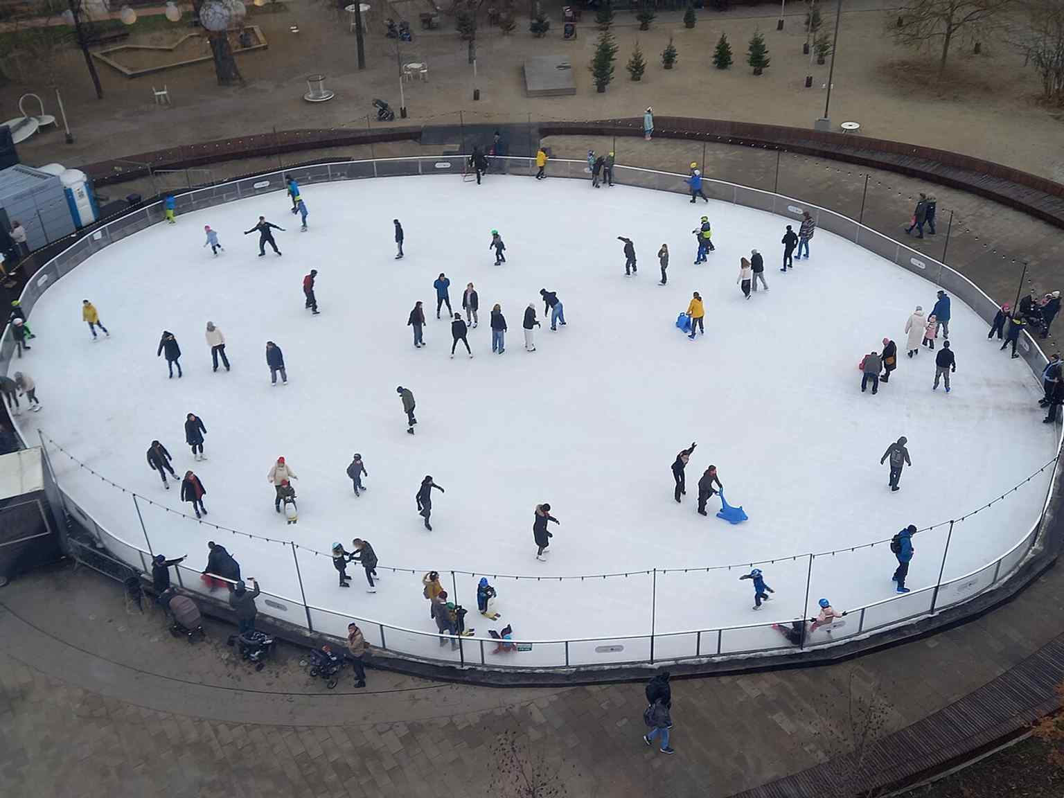 Ice skating on Moravian Square, where the north side park has been turned into a public leisure space with seasonal activities.
