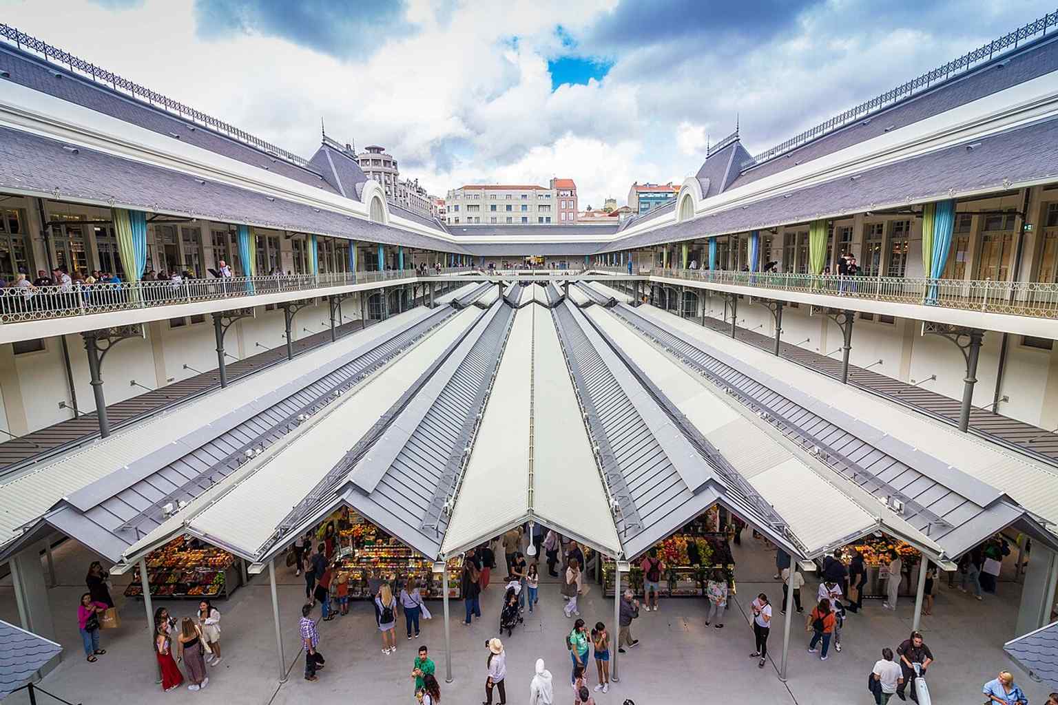 The renovated main façade of Bolhão Market, Porto’s iconic neoclassical marketplace, reopened to the public in 2022 after a long restoration.