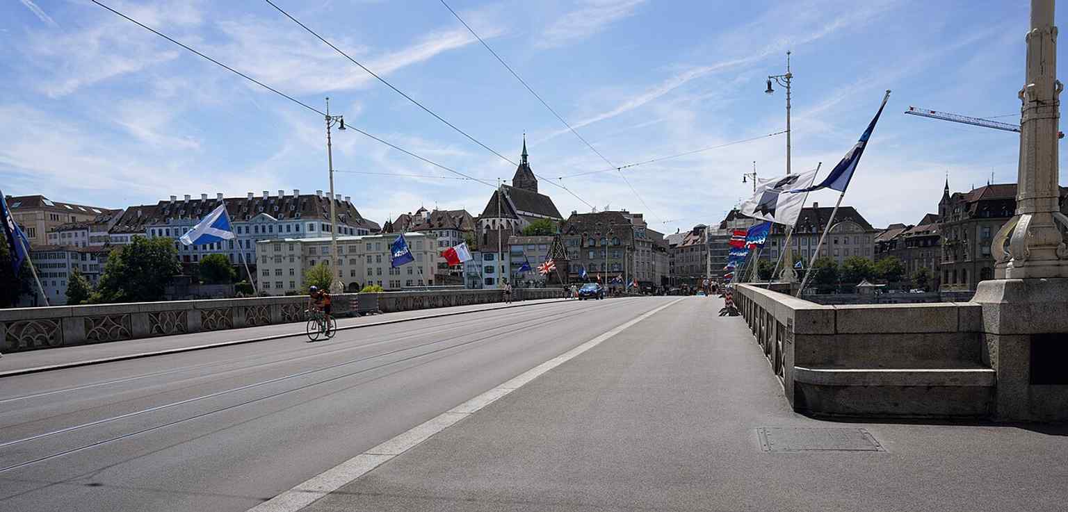 A broad exterior view of the Mittlere Brücke, showing the present-day bridge that now spans the Rhine with seven openings.