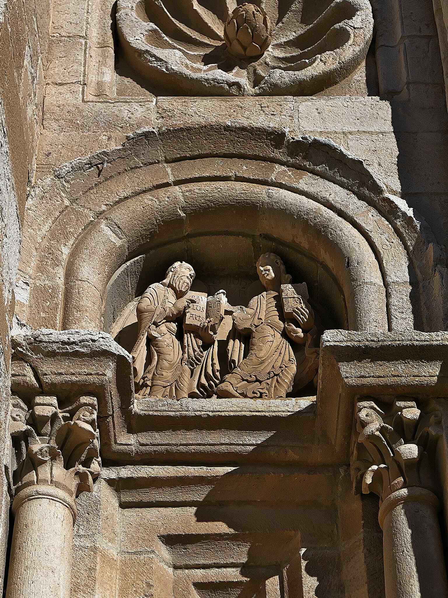 Detail of the Bishop’s Doorway with Saints Paul and John, showing the high-quality Romanesque sculpture on the south side.