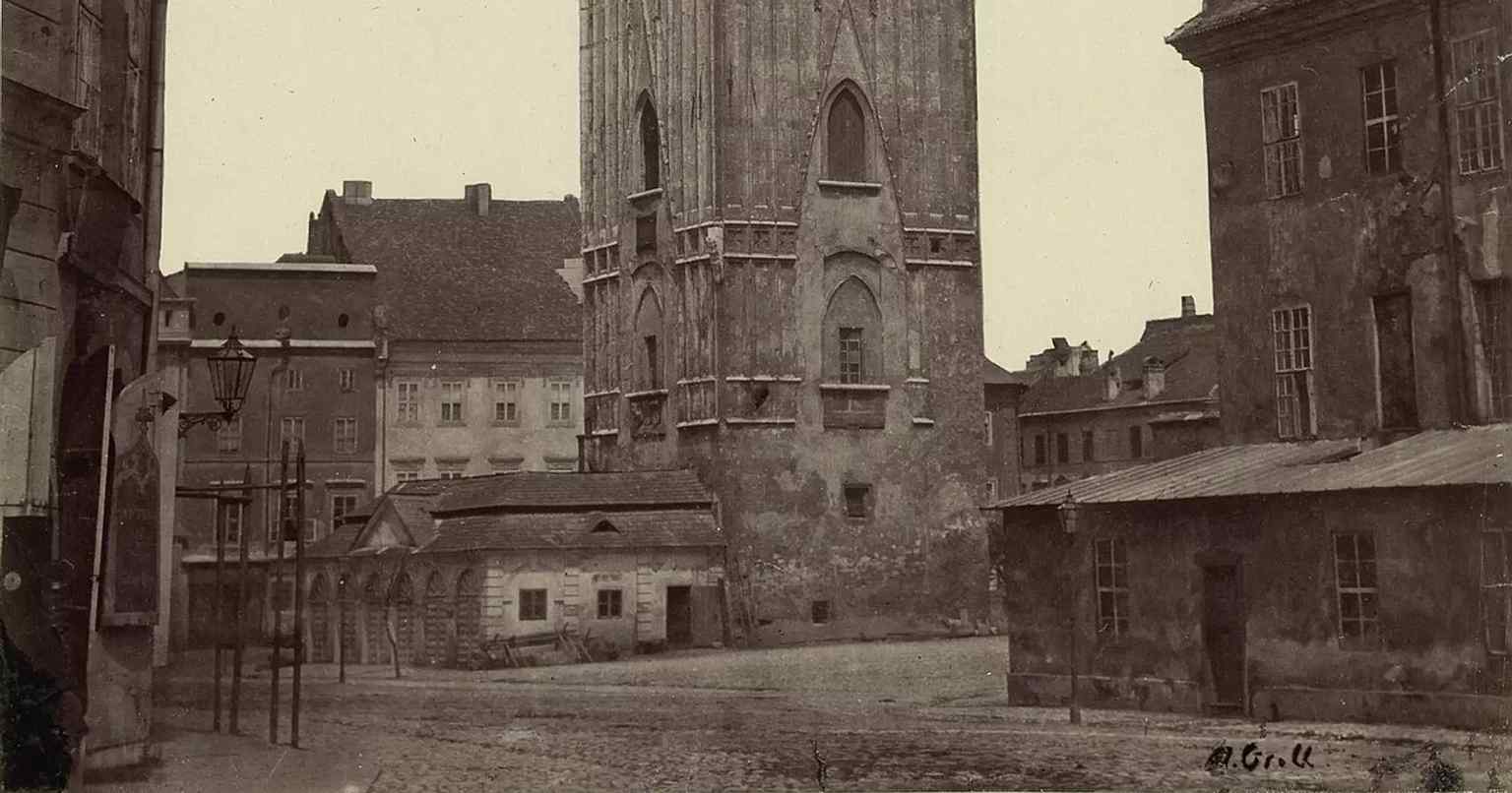 This 1873 view includes the guardhouse beside the tower, the building that survived earlier purges before being demolished in 1946.