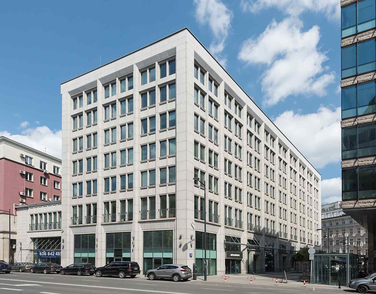 Mokotowska 49, a rebuilt office building that reflects the street’s postwar layer of modern commercial architecture.