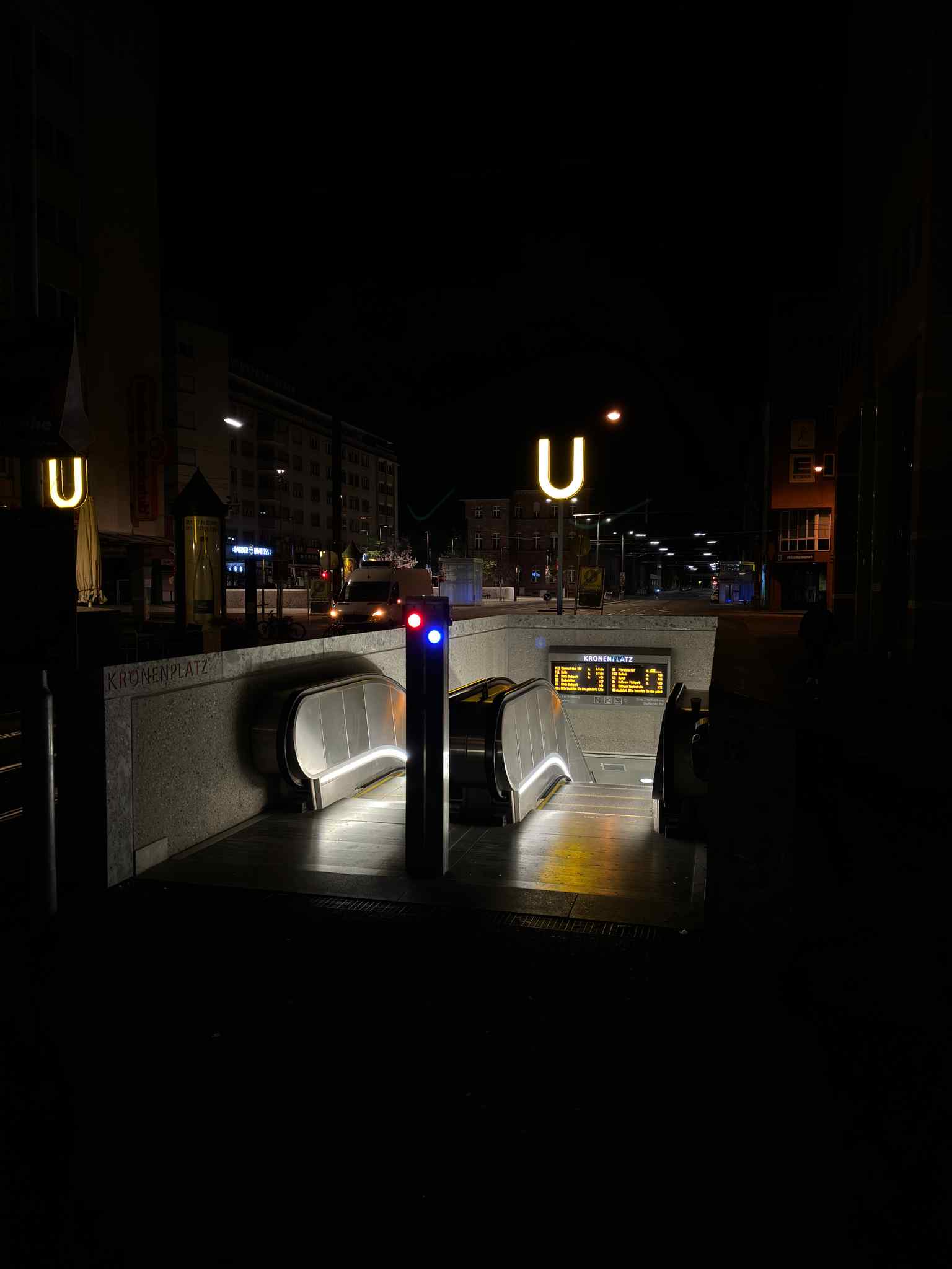 The entrance to the Kronenplatz subway station, which opened in December 2021 as part of the 'Kombilösung' project to move tram lines underground.