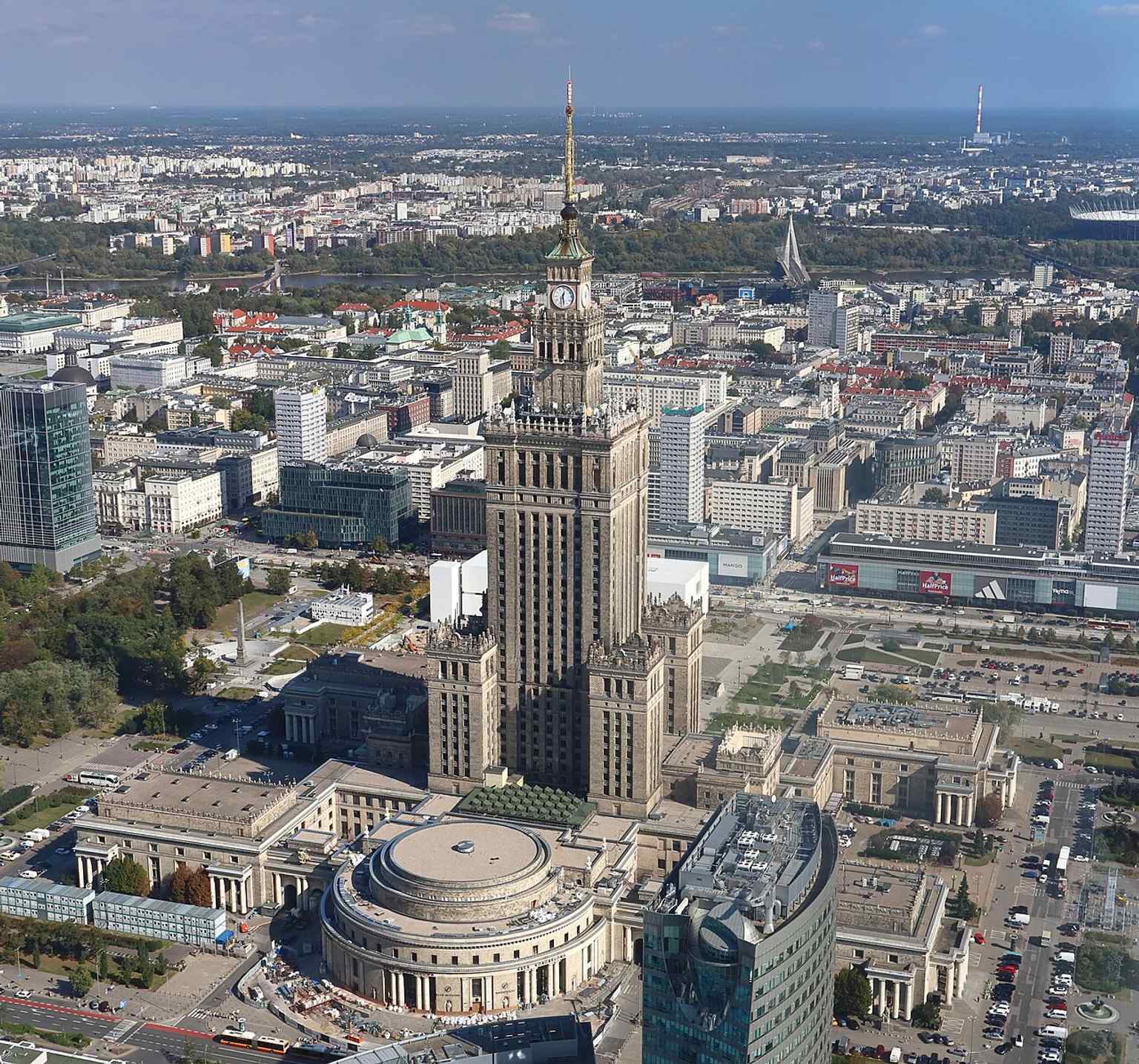 A modern elevated view from Varso Tower, placing PKiN in today’s skyline and showing how it still dominates central Warsaw.
