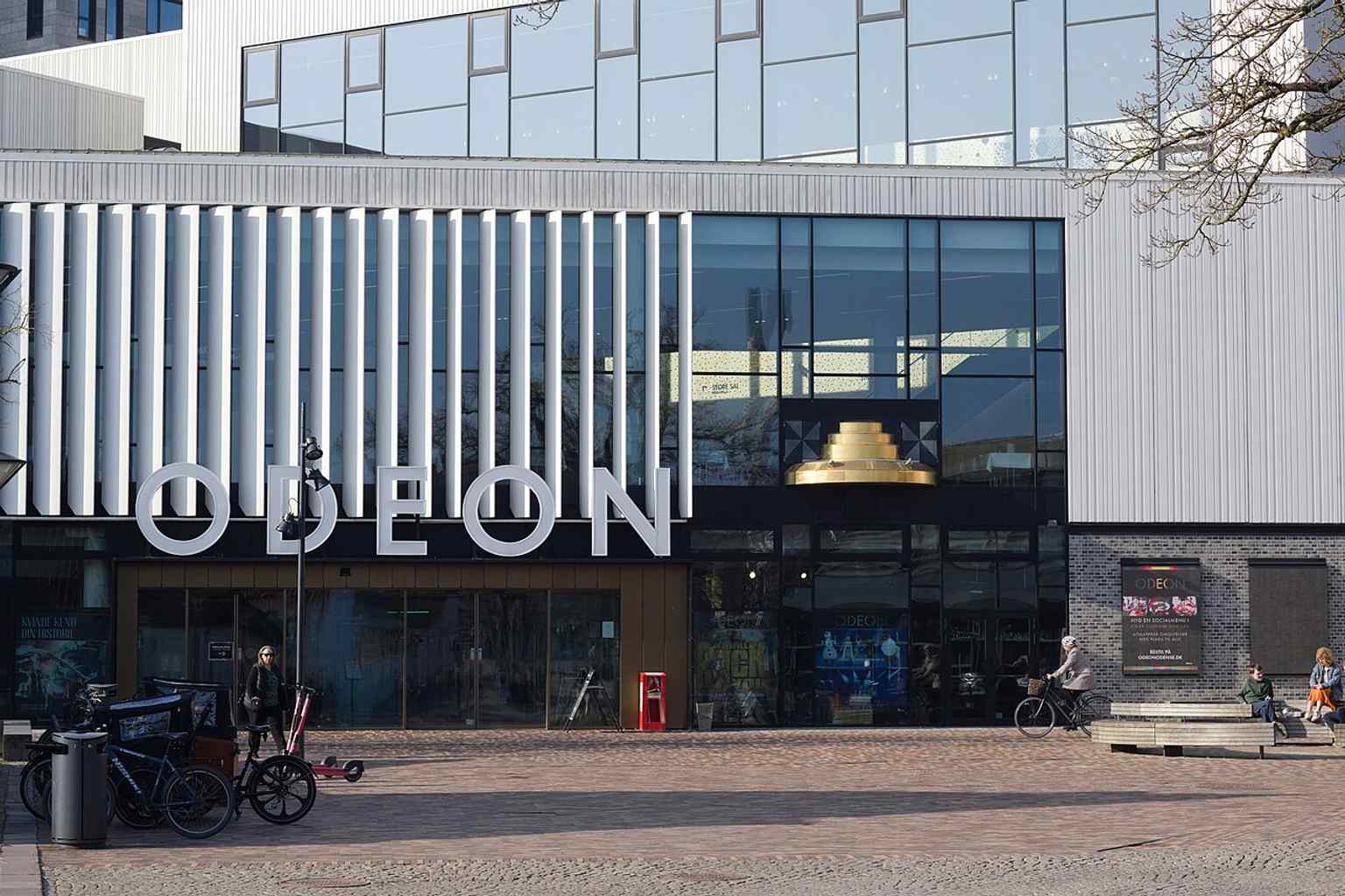 A wide view of ODEON’s modern facade in central Odense, the 32,000 m² music and theatre center that opened in 2017.