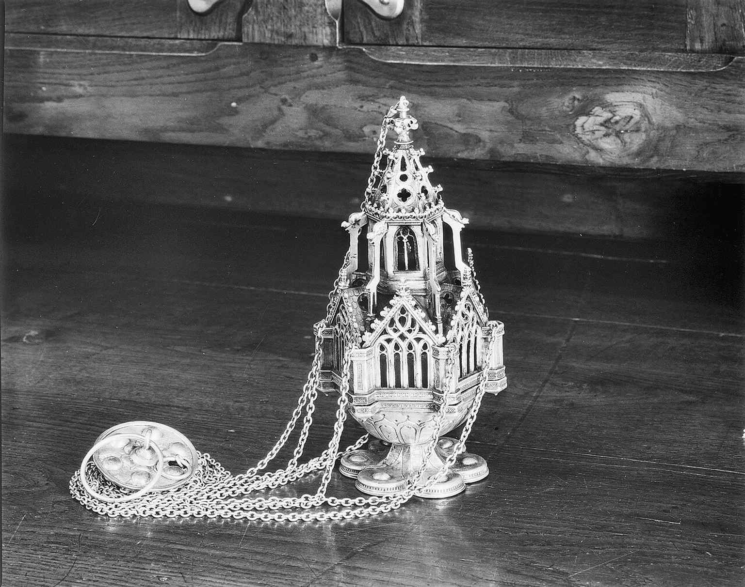 A Gothic thurible from the church collection, reflecting the medieval liturgical world of the canons who first used the building.