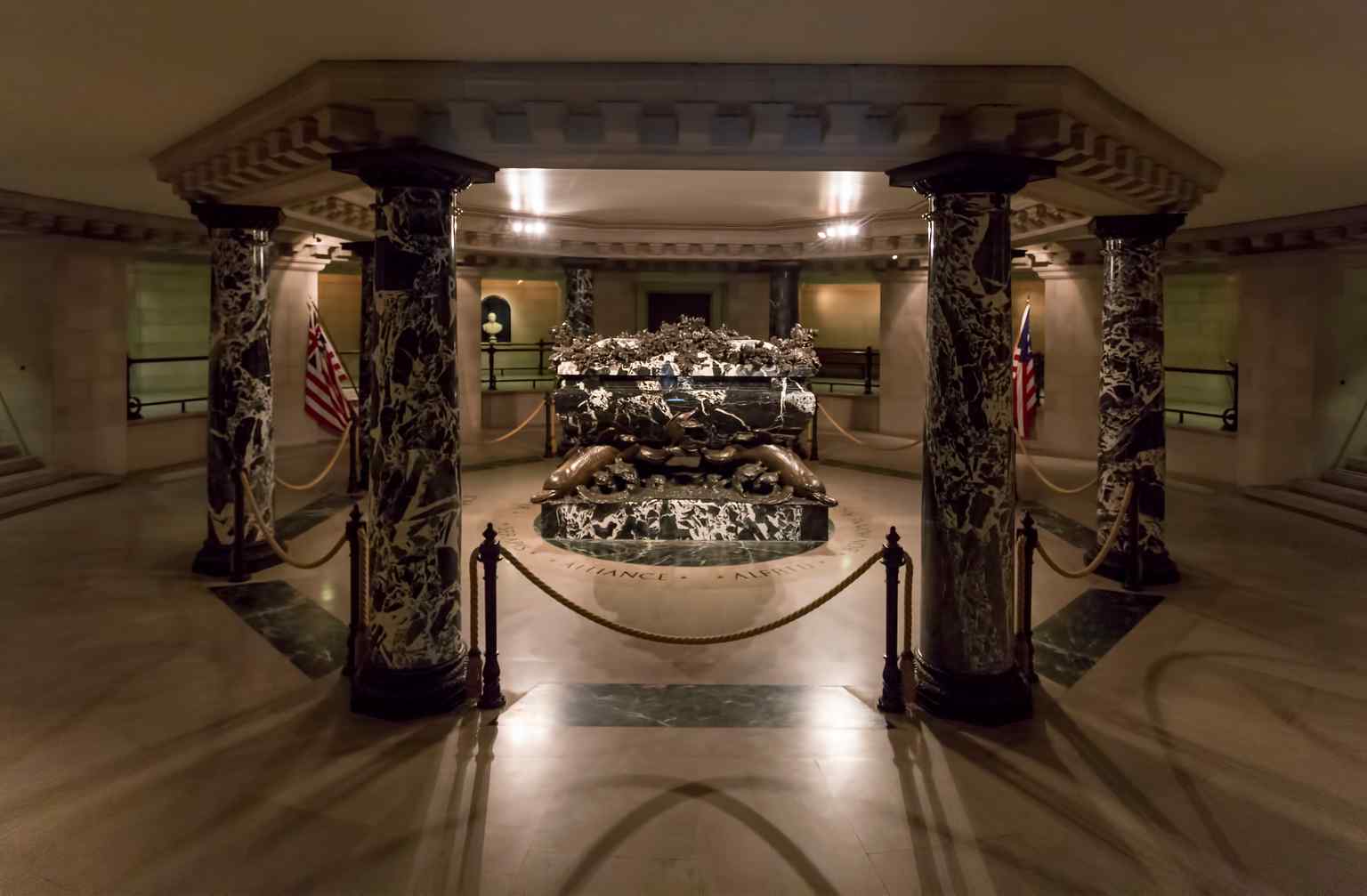 Revolutionary War hero John Paul Jones is interred in this 21-ton sarcophagus of black and white Italian marble beneath the chapel.