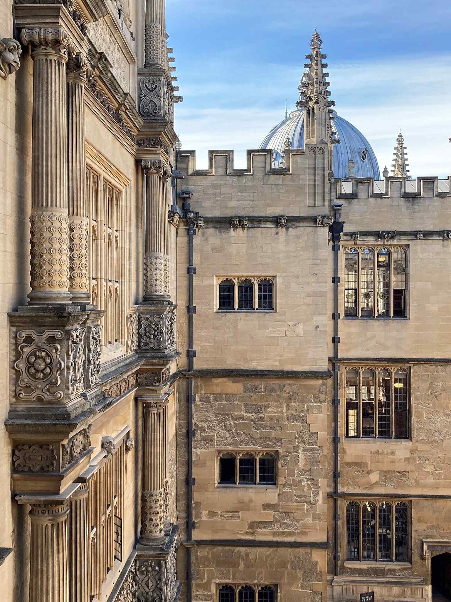 From the Upper Reading Room you can see the Old Library and the Radcliffe Camera together, showing the Bodleian’s layered growth.