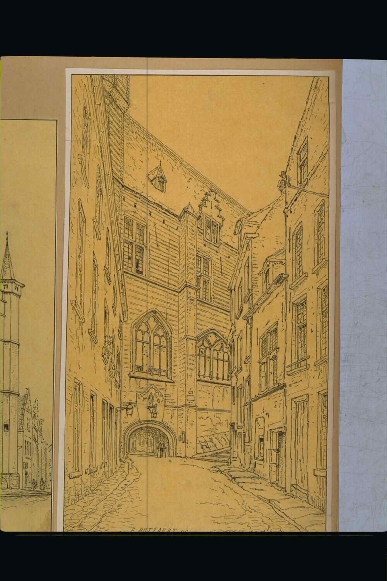 Eine Zeichnung des Vleeshuis aus dem Jahr 1886, nützlich für die Geschichte der Veränderungen im späten 19. Jahrhundert und das lange öffentliche Leben des Gebäudes.