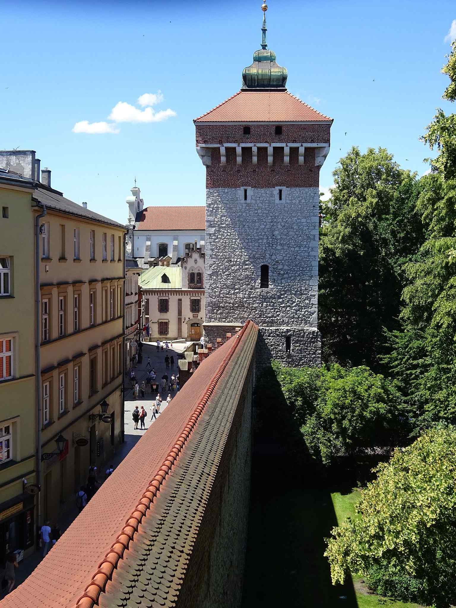 Seen from outside the old fortifications, this angle emphasizes the gate’s defensive role as part of Kraków’s medieval city walls.