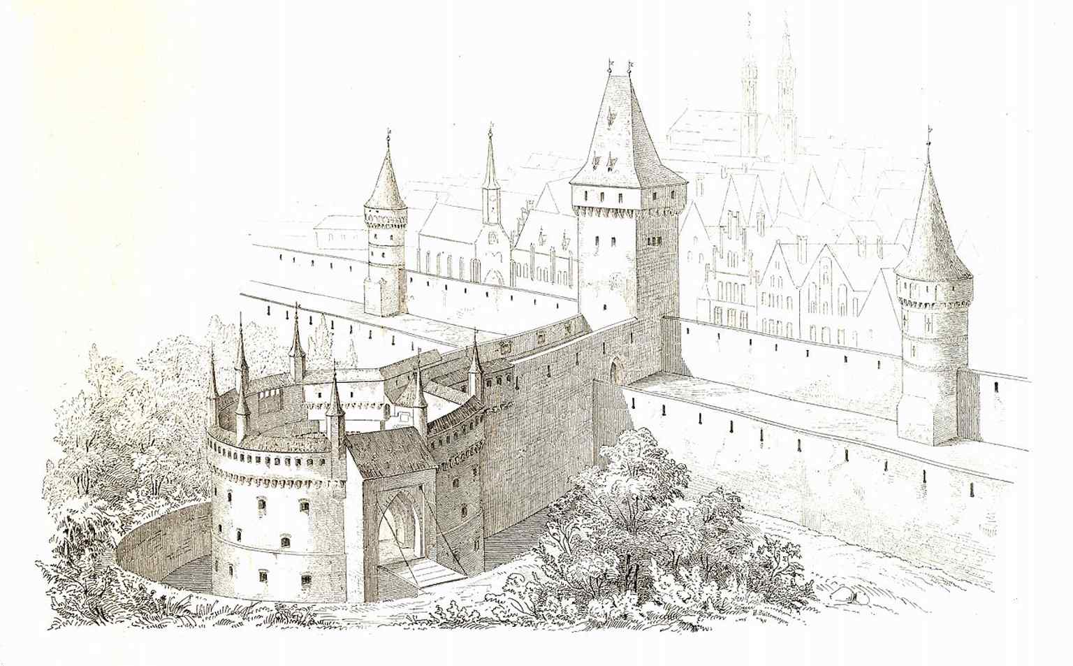 A historic image of the Kraków Barbican, the gate’s fortified partner across the moat and a key part of the old defensive system.