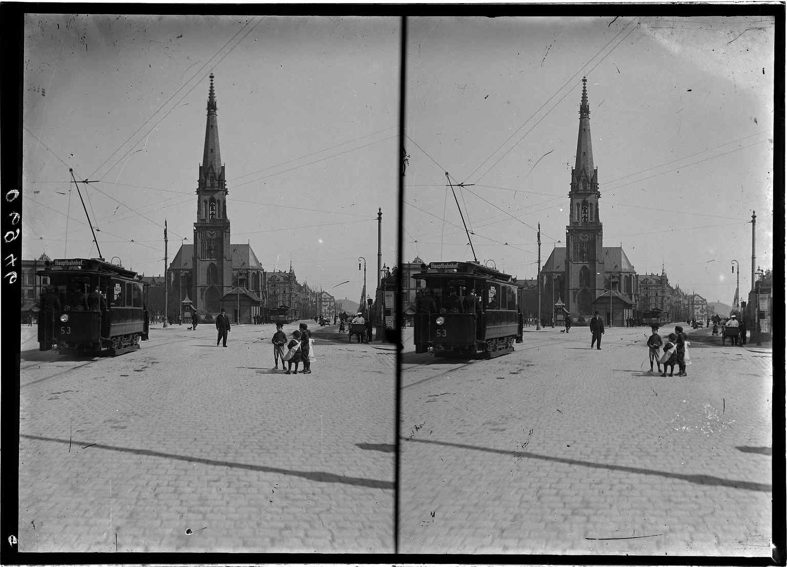 Captured in 1910, just after its completion, this historical exterior view showcases St. Bernhard's striking red sandstone facade, a distinctive feature personally requested by Grand Duke Friedrich I.