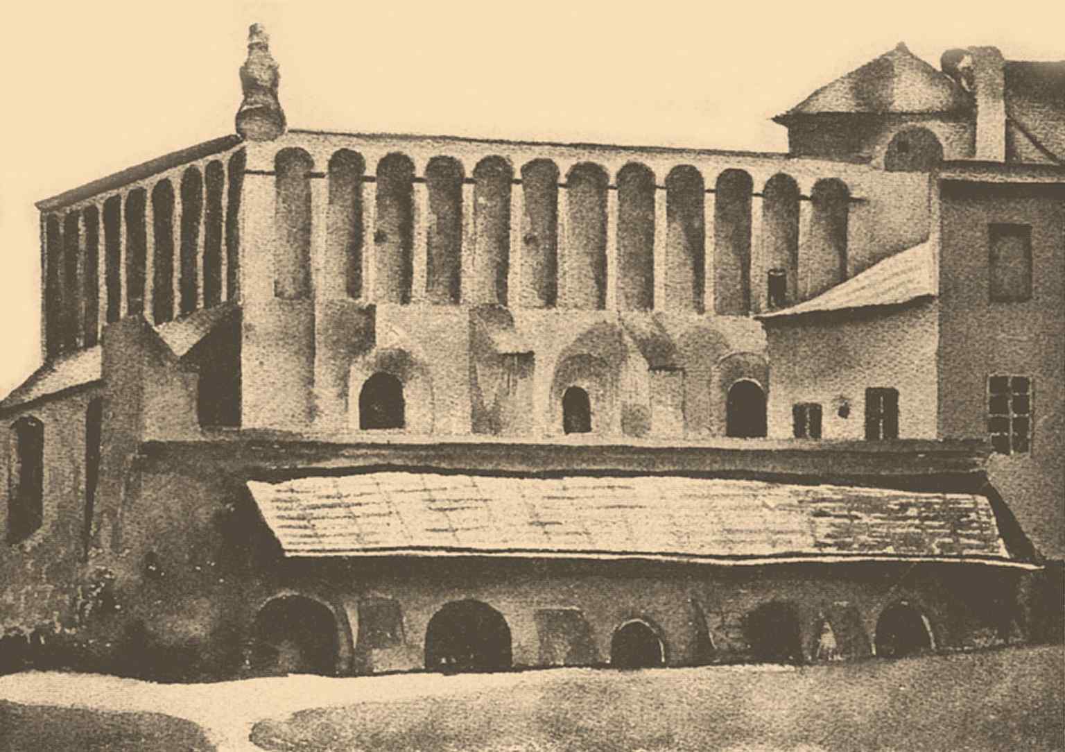 Early 20th-century encyclopedia illustration of the Old Synagogue, when preservation efforts were turning it into a monument of Jewish heritage.