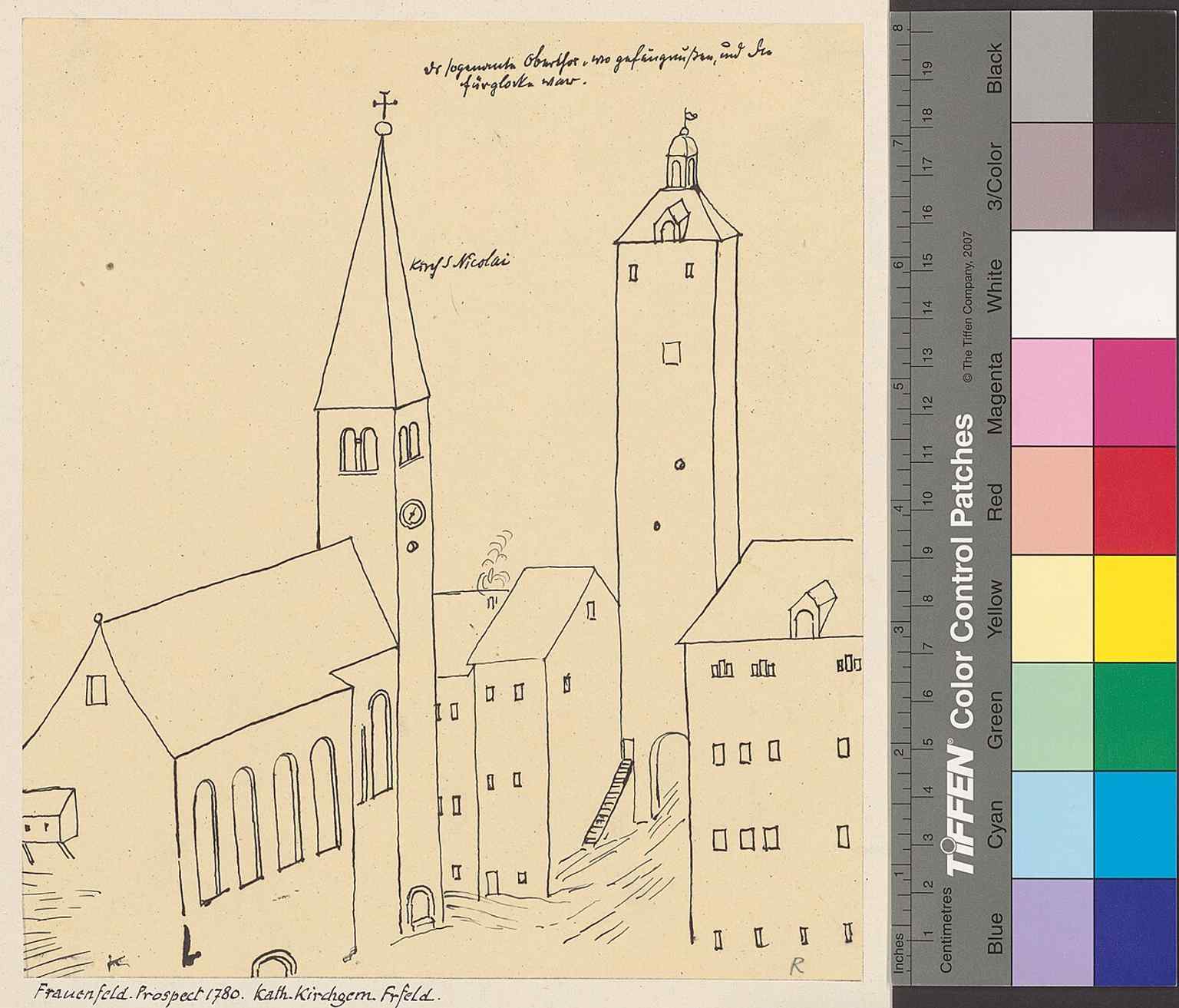 An 1780 city view of Frauenfeld with the Catholic parish church, useful for the church’s earlier baroque-era setting before the 1906 rebuild.