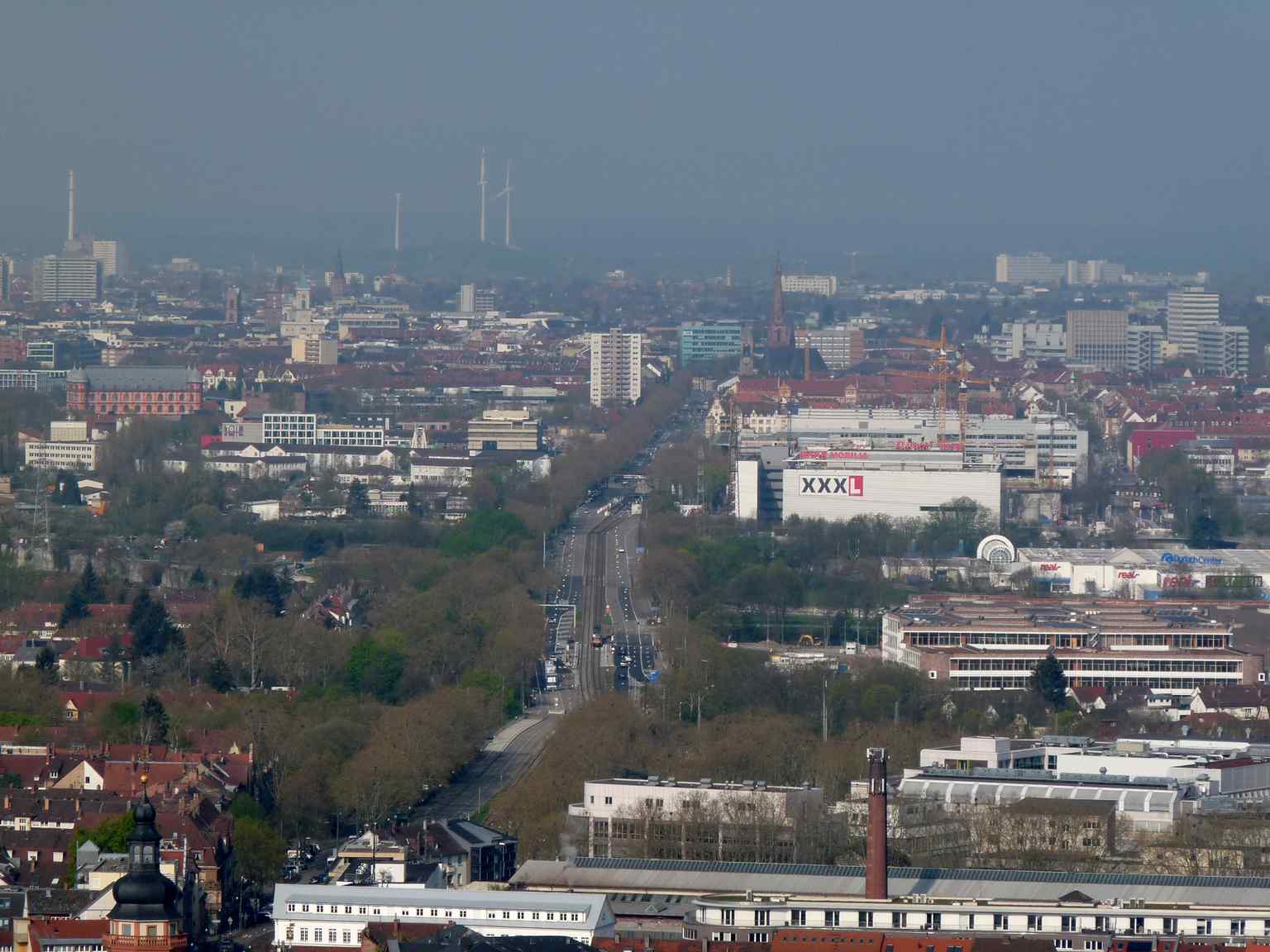 An aerial perspective from Turmberg offers a sweeping view of Durlach and the surrounding area, underscoring the Durlacher Allee's strategic position connecting the Durlach district with central Karlsruhe.