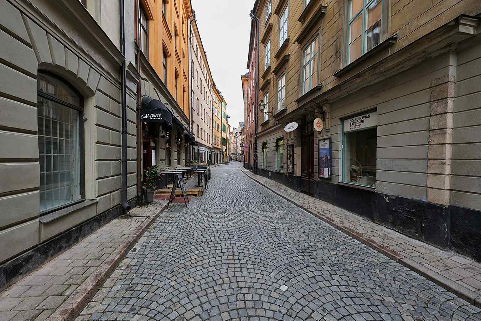 A broad modern streetscape of Österlånggatan, useful for showing the long, historic street as it appears in the 21st century.