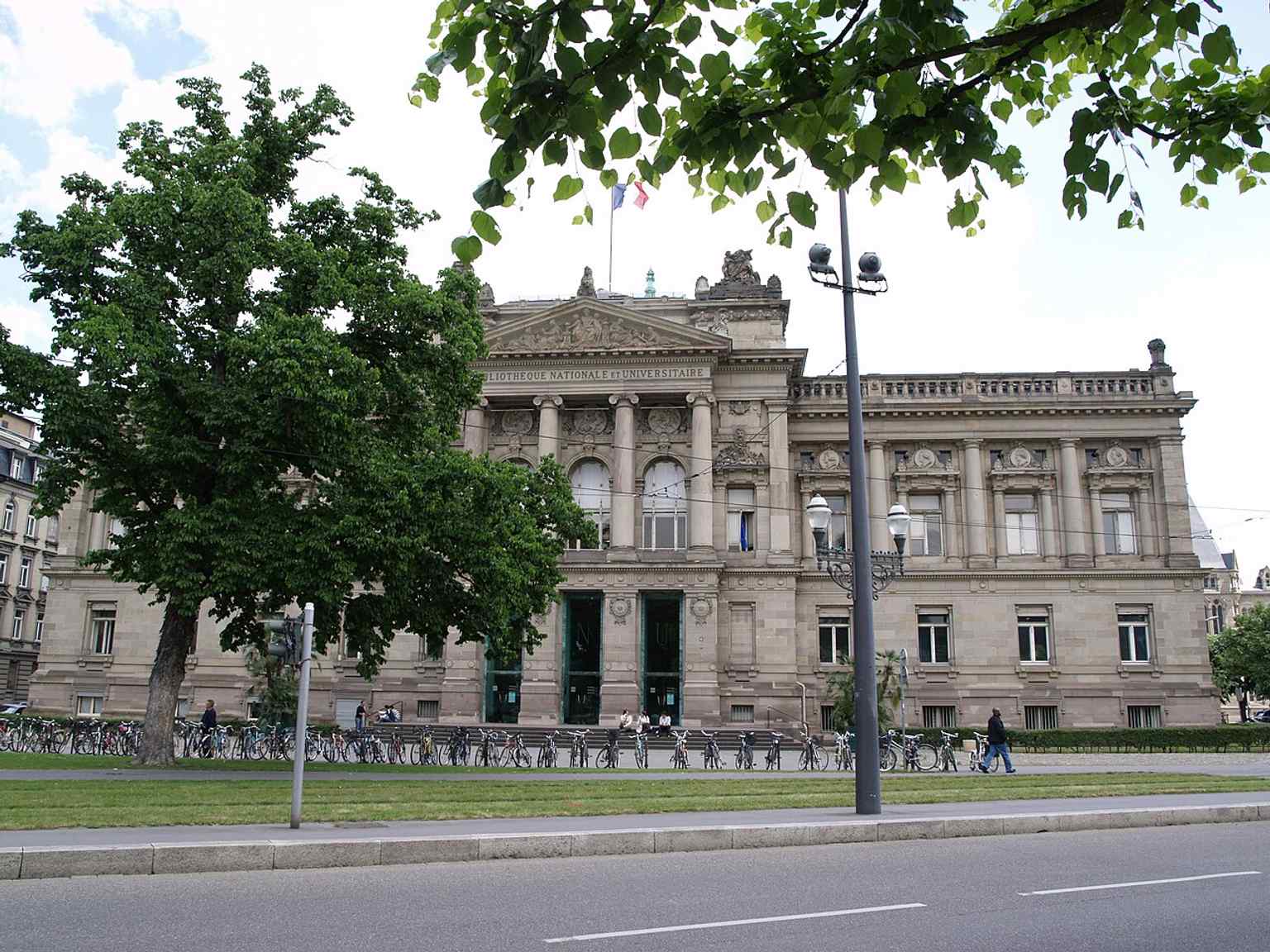 A clear contemporary view of the National and University Library of Strasbourg, useful for introducing the landmark in the tour.