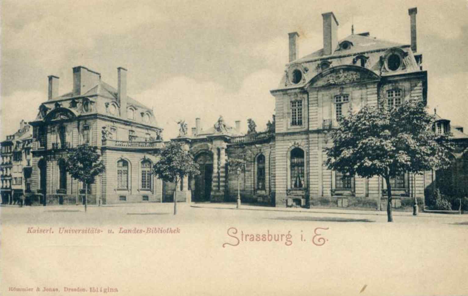 An old postcard of the library beside the Palais Rohan, recalling the institution’s early years before it moved to its current monumental home.