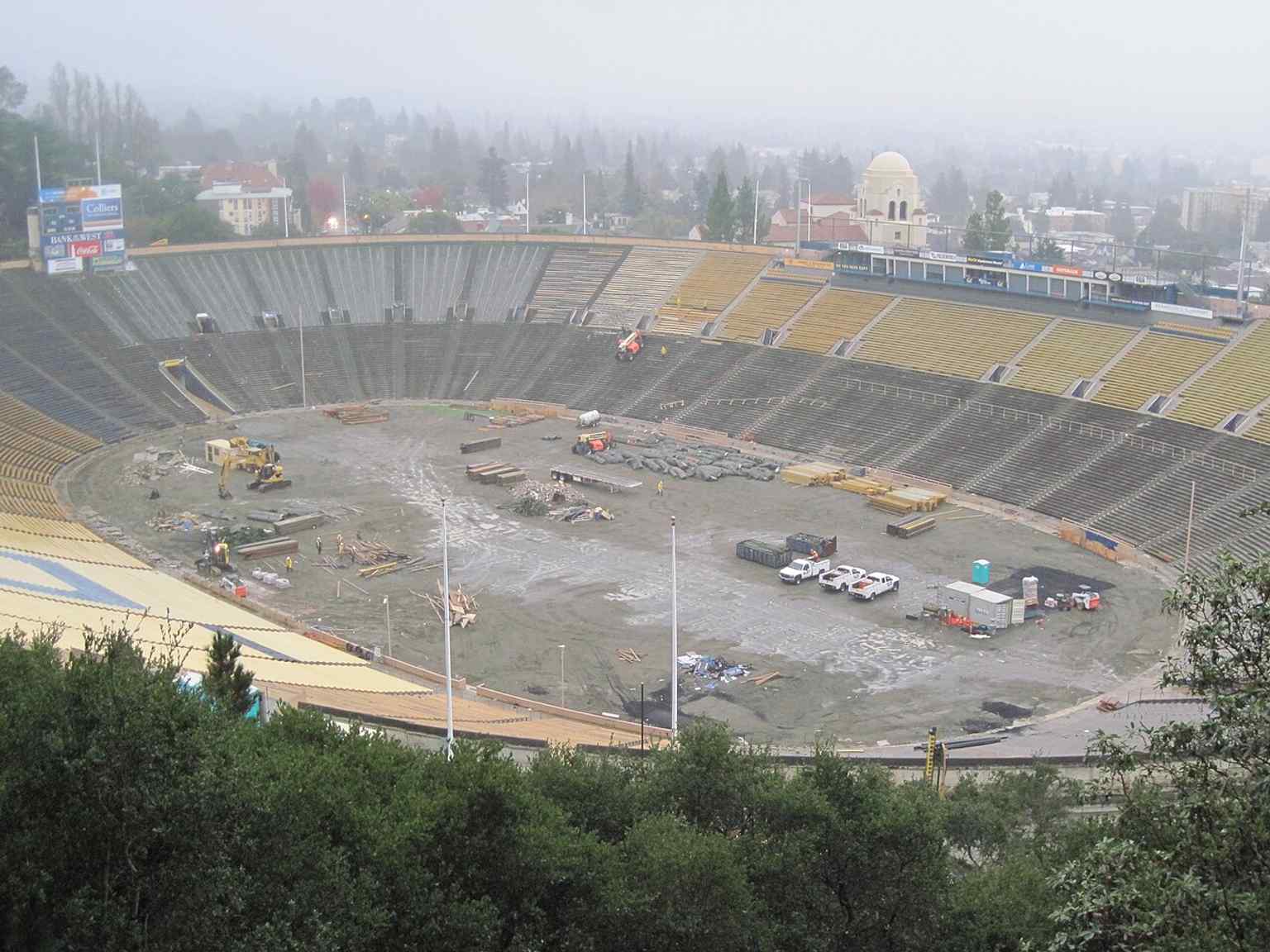 Construction in 2010 documents the major retrofit that lowered the field and rebuilt the west side to make the stadium seismically safer.