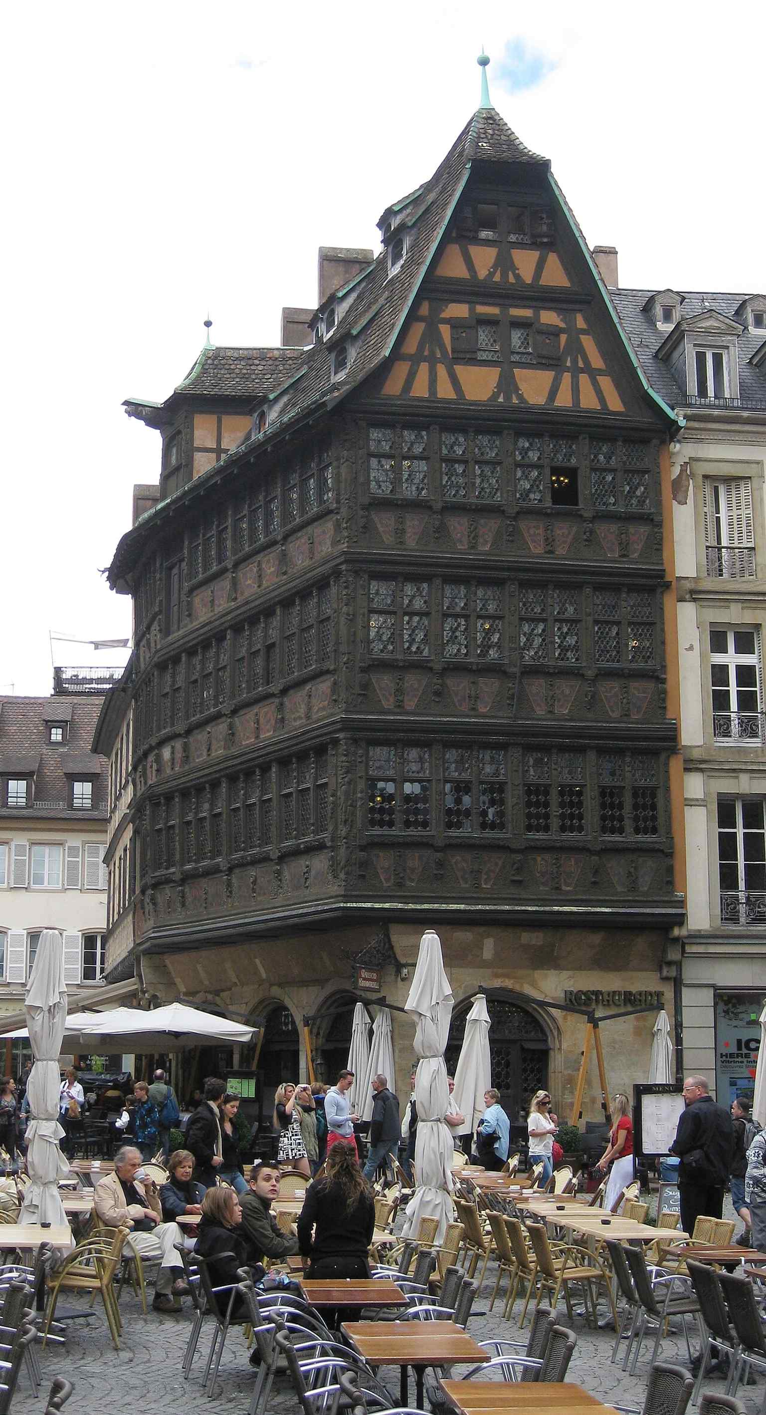 A clear documentary view of the house as a listed historical monument, useful for telling its story as a protected landmark in Strasbourg’s UNESCO center.