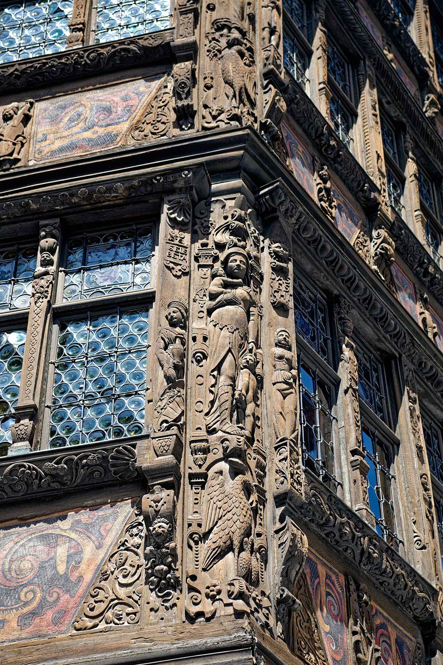 A tight close-up on the carved exterior, ideal for discussing the building’s nearly wall-to-wall sculptural decoration.