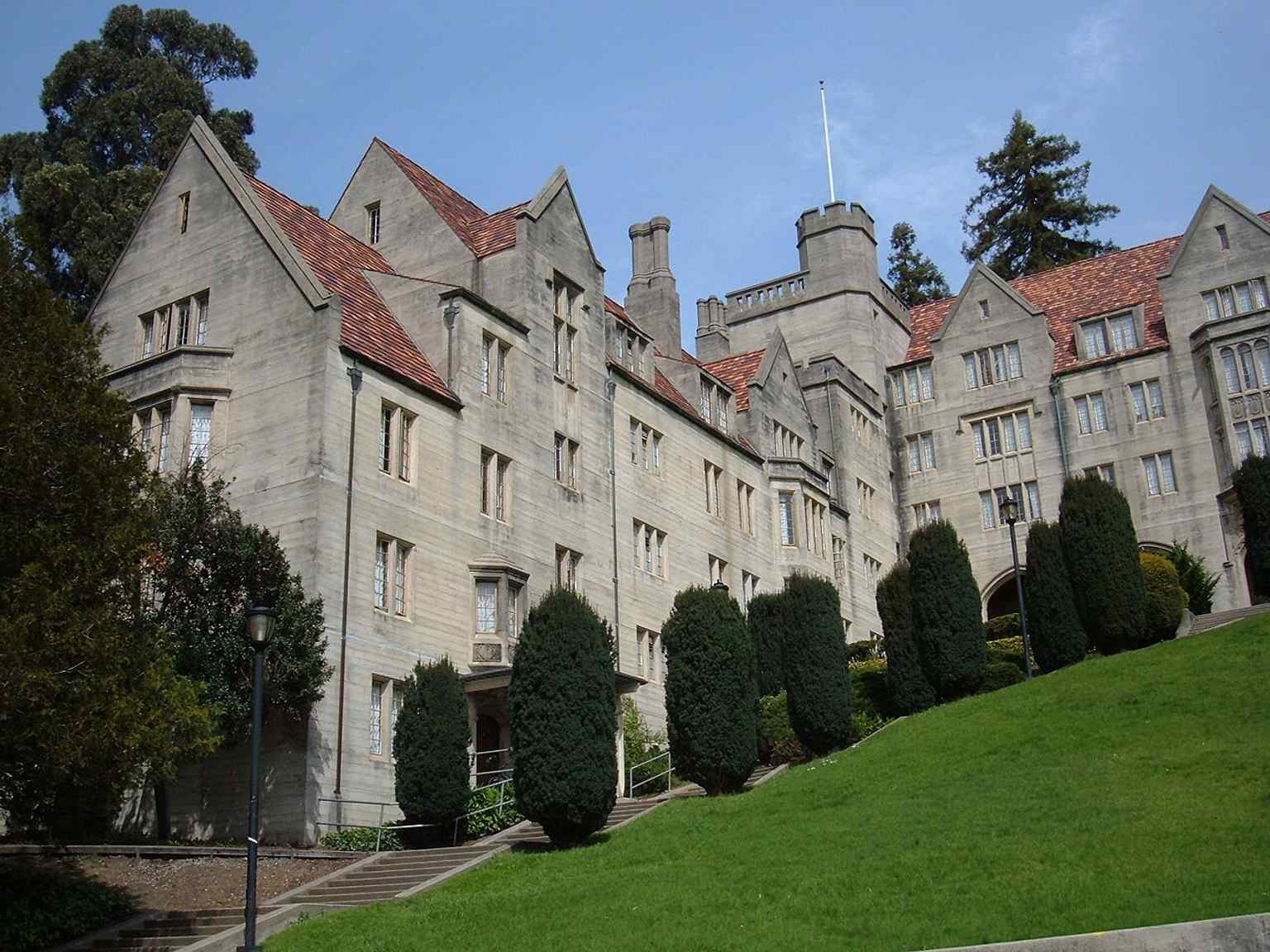 Bowles Hall’s pale stone Collegiate Gothic façade — the first residence hall on campus, dedicated in 1929.
