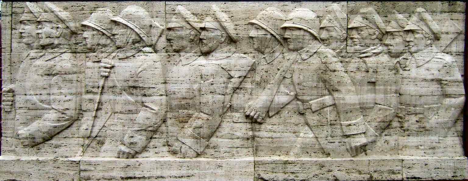 The ‘Latvian Riflemen’ relief is one of the monument’s key historical panels, commemorating the struggle that led to independence.
