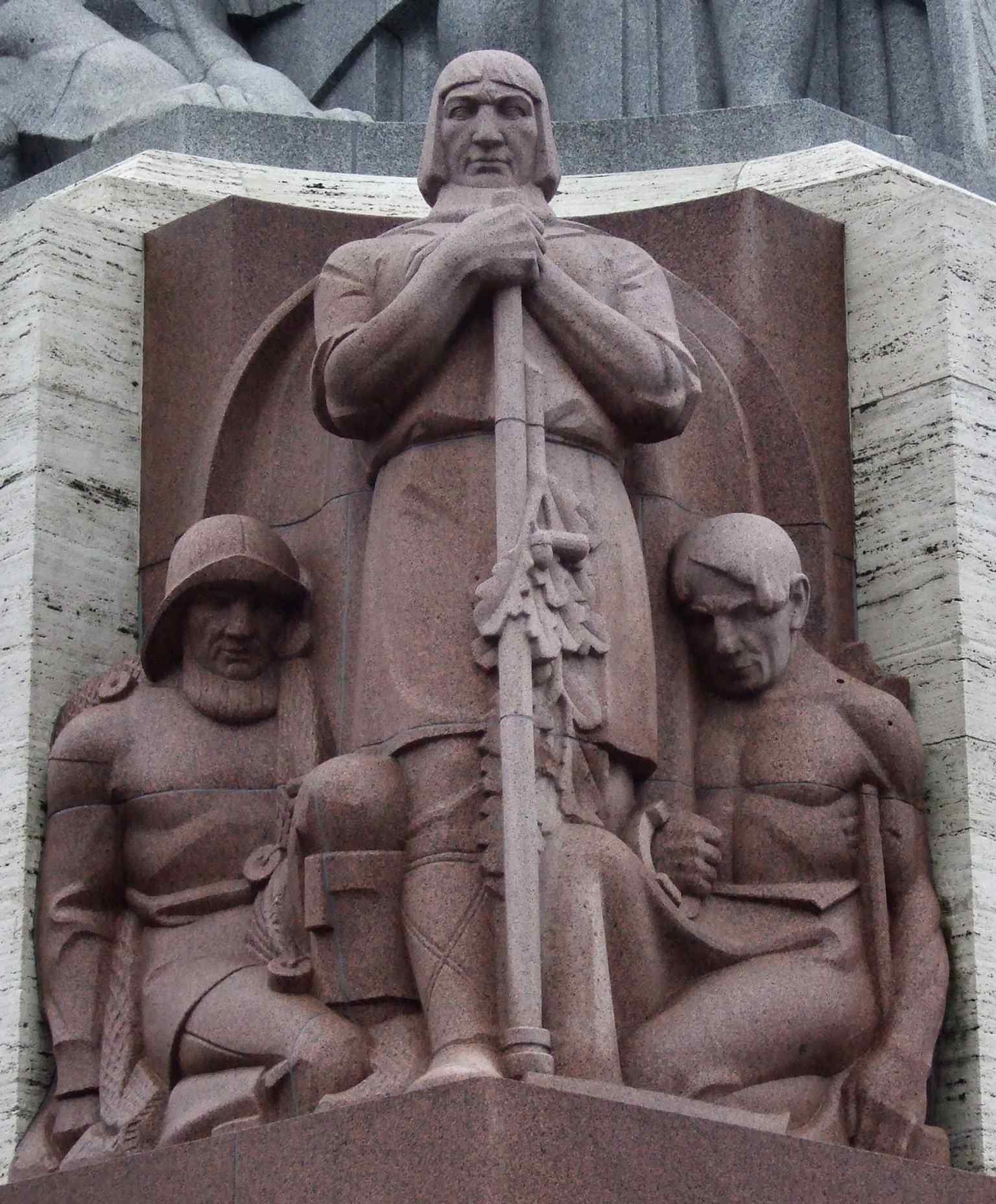 The ‘Work’ sculptural group, one of the monument’s 13 groups, representing Latvian labor and rural strength.