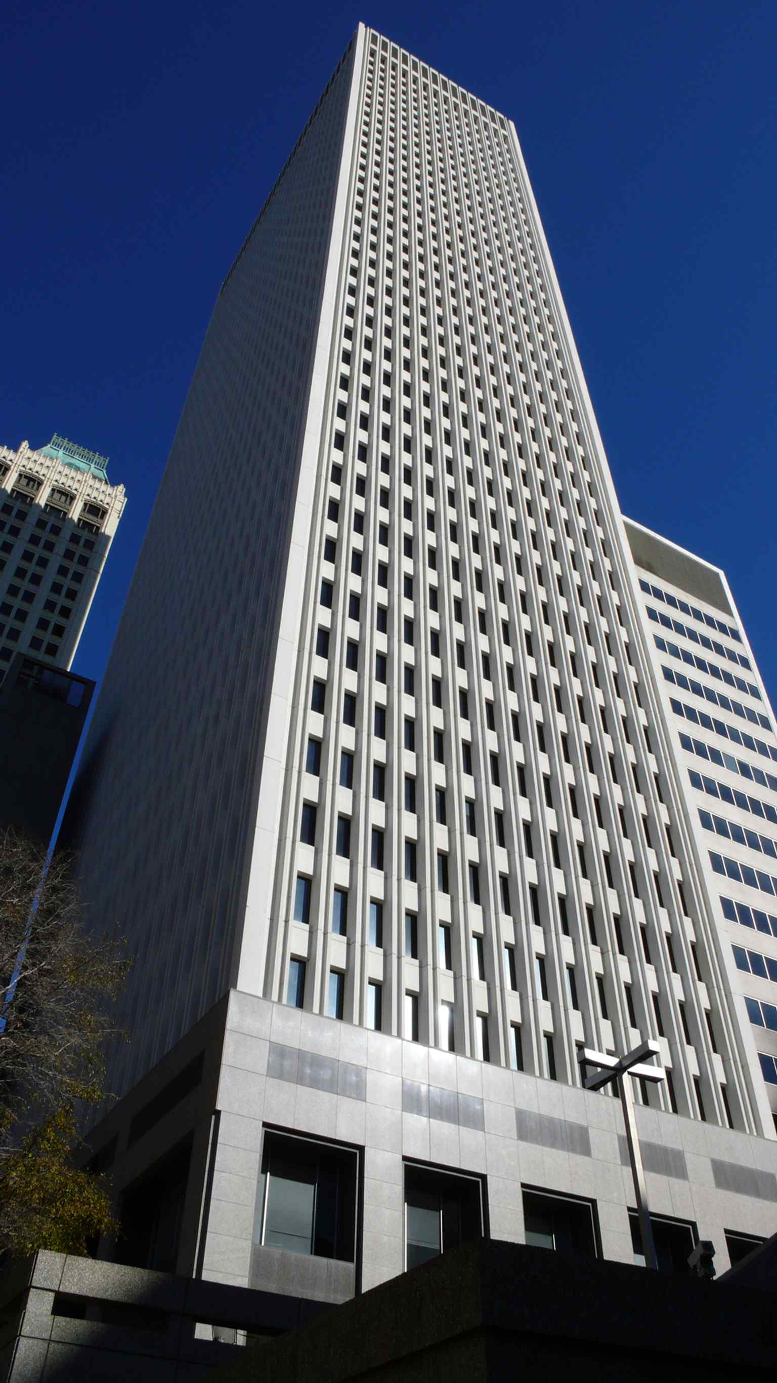 An exterior view of First Place Tower, the Modern International-style skyscraper that became Tulsa's tallest building upon its completion in 1973.