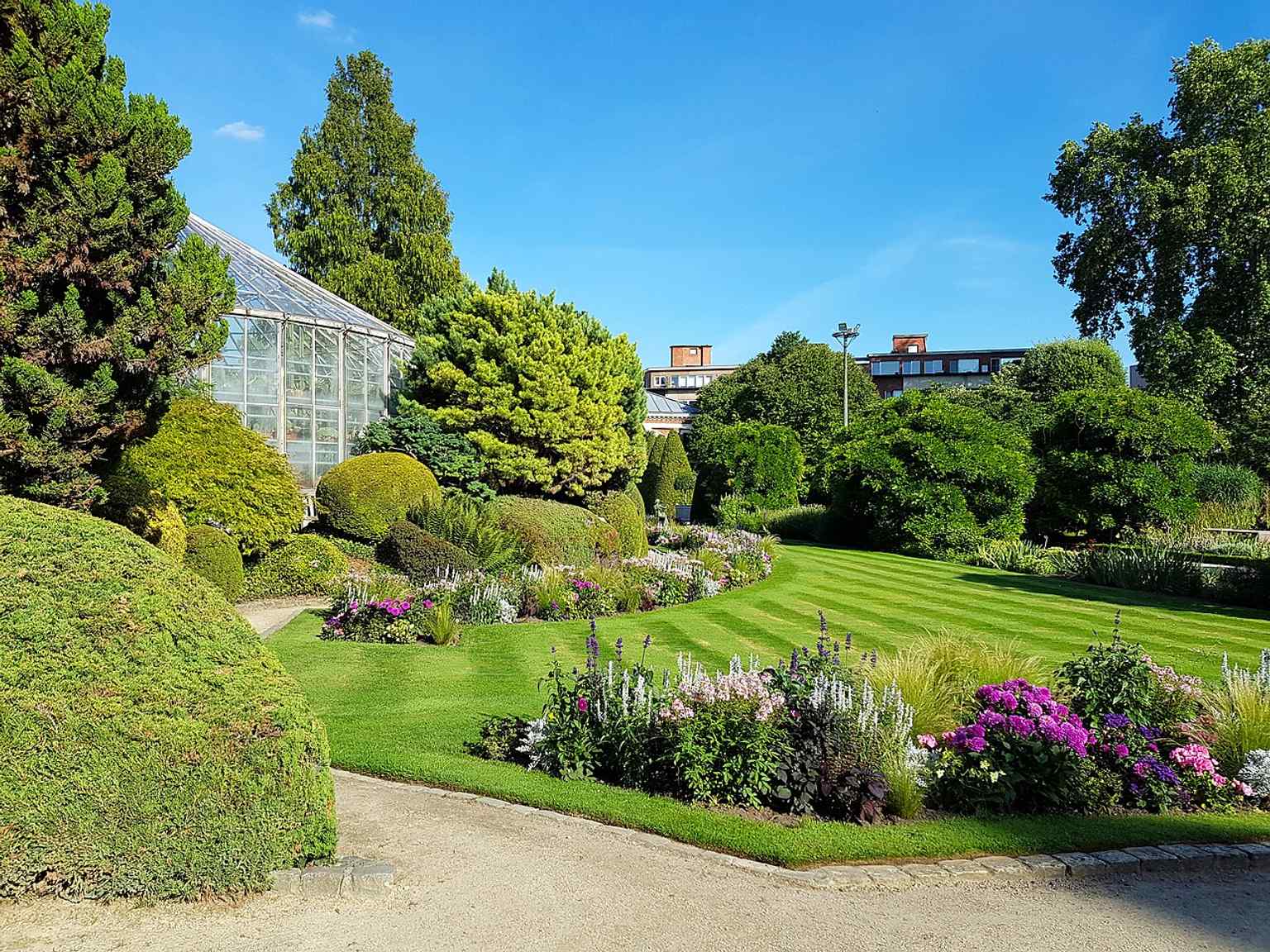 A general view of Leuven’s Botanical Garden in summer, showing the living garden that still functions as both a public promenade and a university collection.