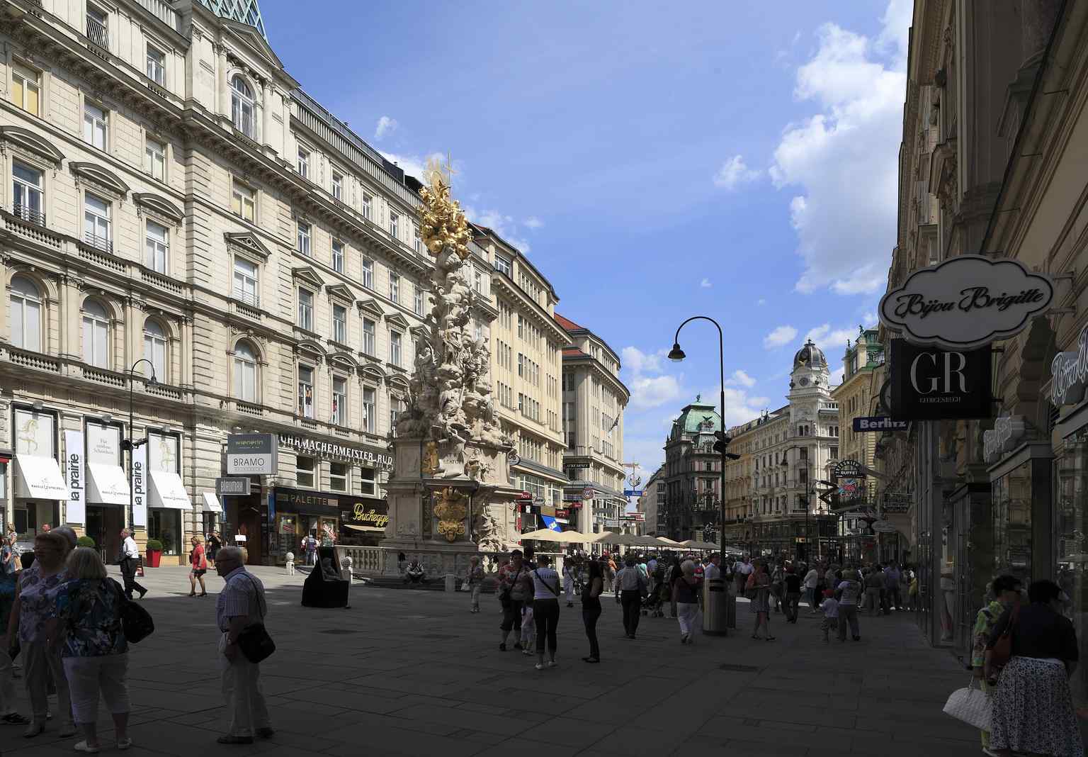 The Baroque Plague Column, dedicated in 1692, stands as a prominent landmark on the Graben, commemorating the devastating plague of 1679.