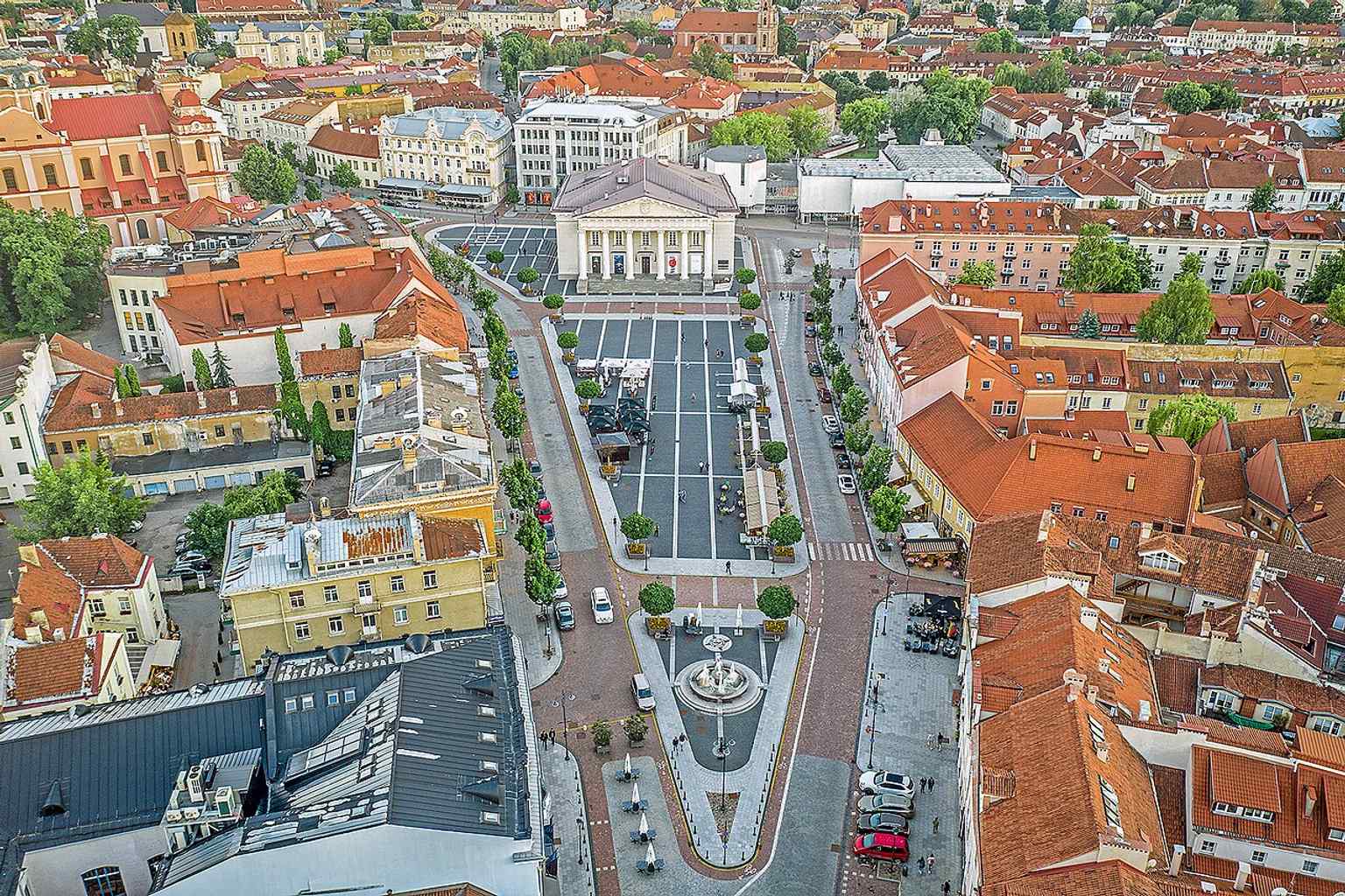 An overhead view of Town Hall Square, showing how the historic market-place opens into the Old Town street network.
