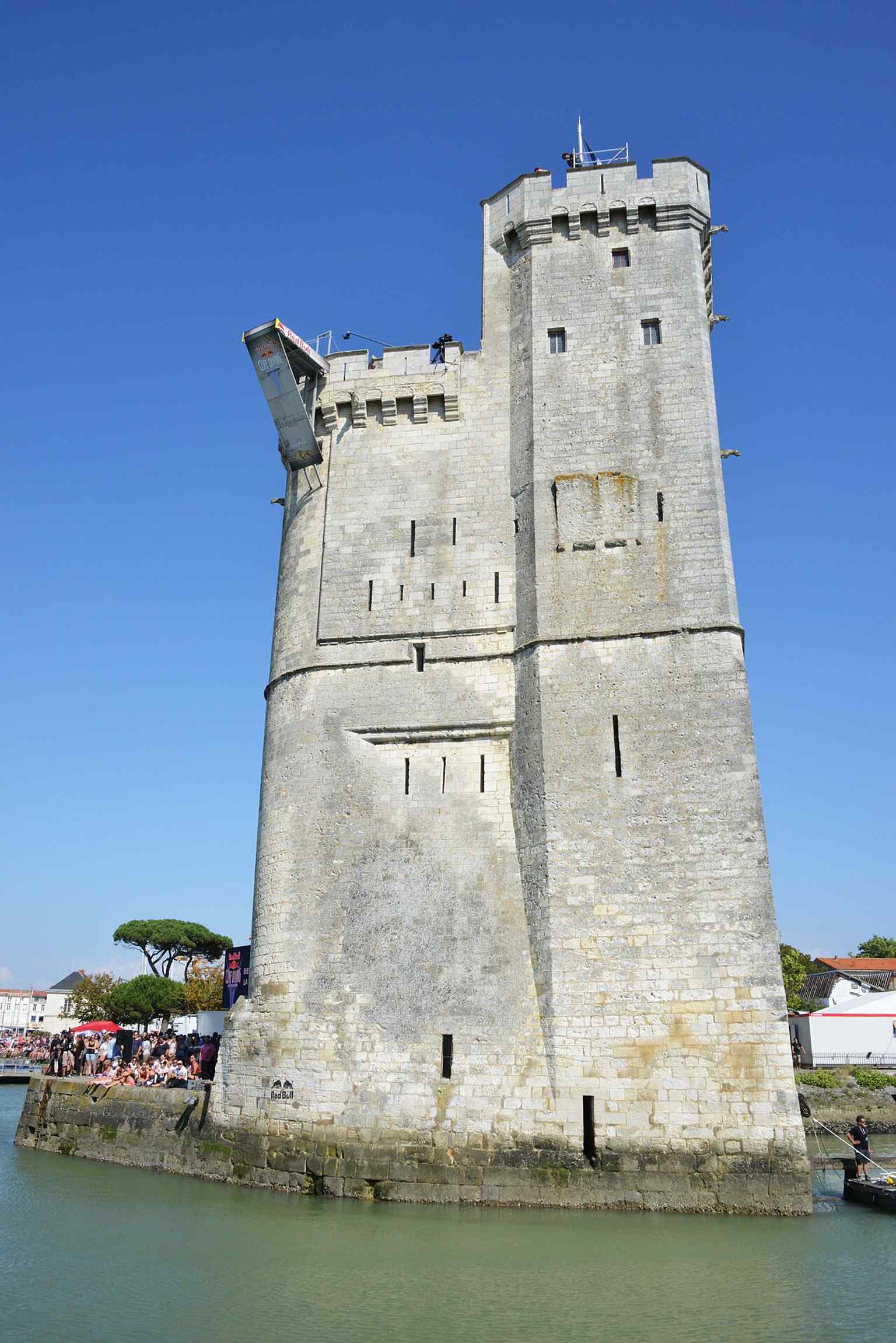 The tower with the Red Bull Cliff Diving platform installed, showing Saint Nicholas Tower’s surprising modern life as a sporting stage.