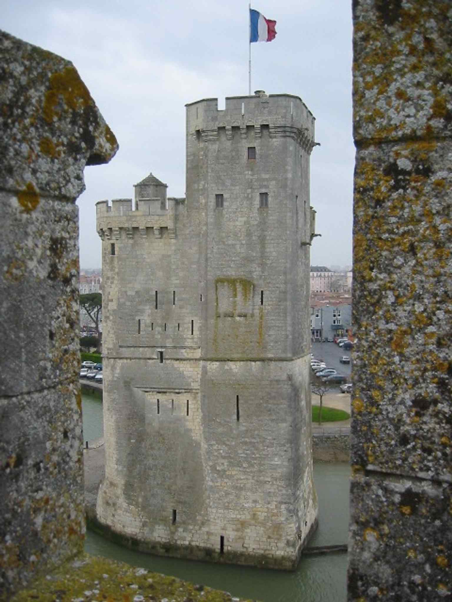 Saint Nicholas Tower seen from the Chain Tower, a classic angle that highlights the two towers that formed La Rochelle’s iconic gateway.
