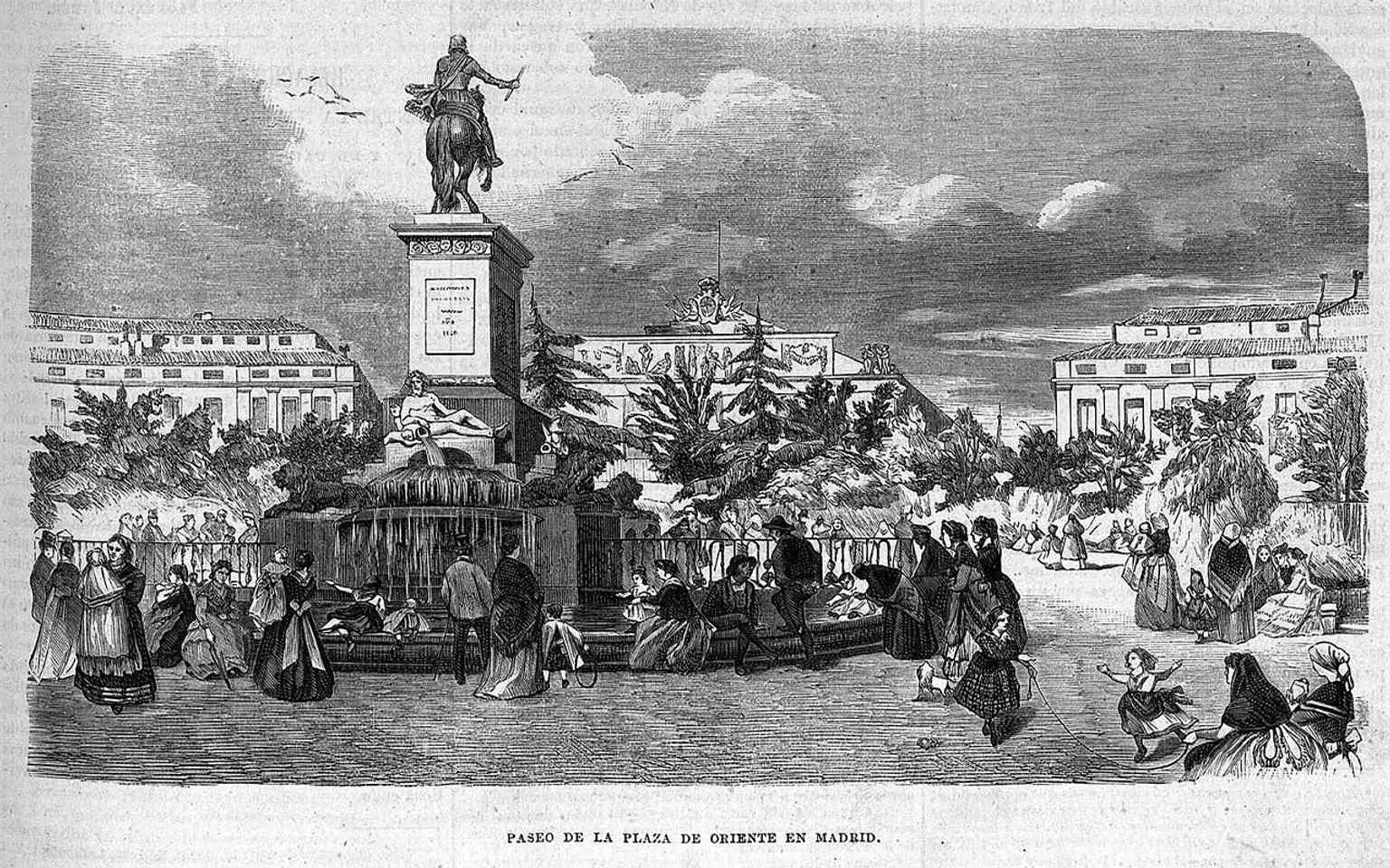 An 1870 engraving of the Paseo de la Plaza de Oriente, useful for showing how the area looked in the 19th century.
