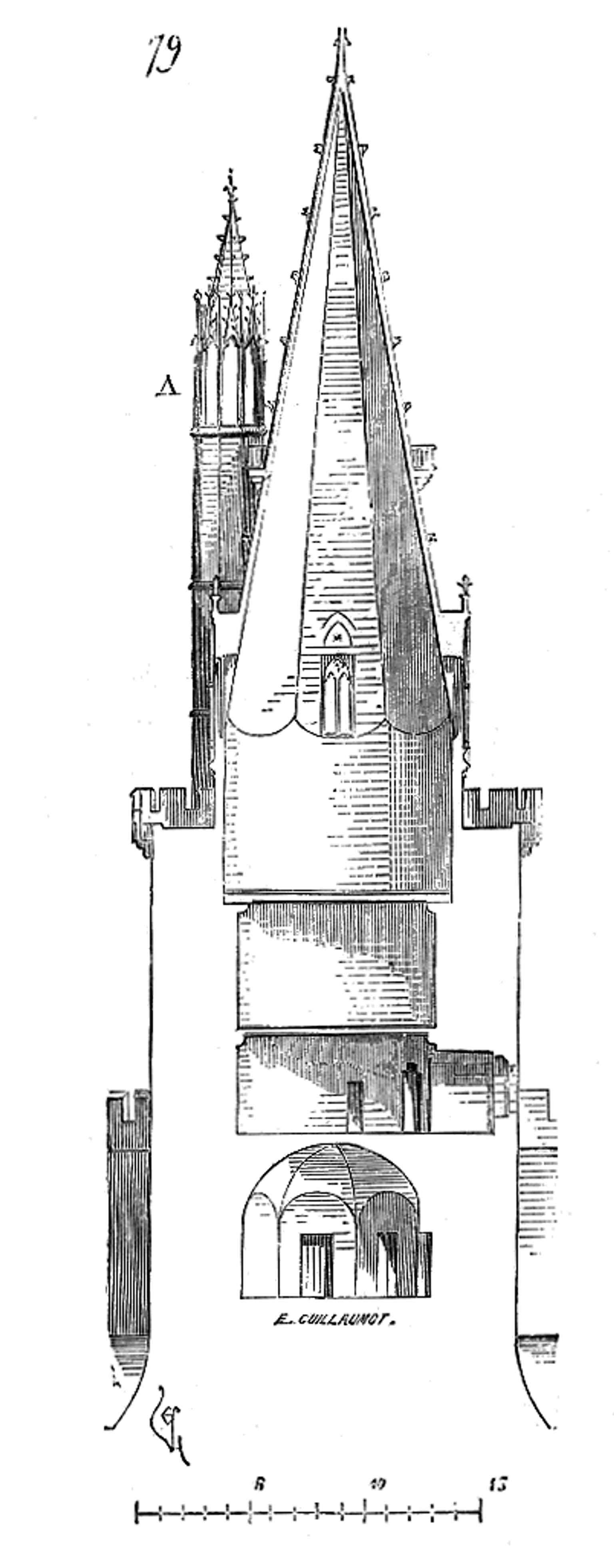 Viollet-le-Duc’s cutaway drawing reveals the tower’s internal structure, including the lantern and the stairway leading upward.