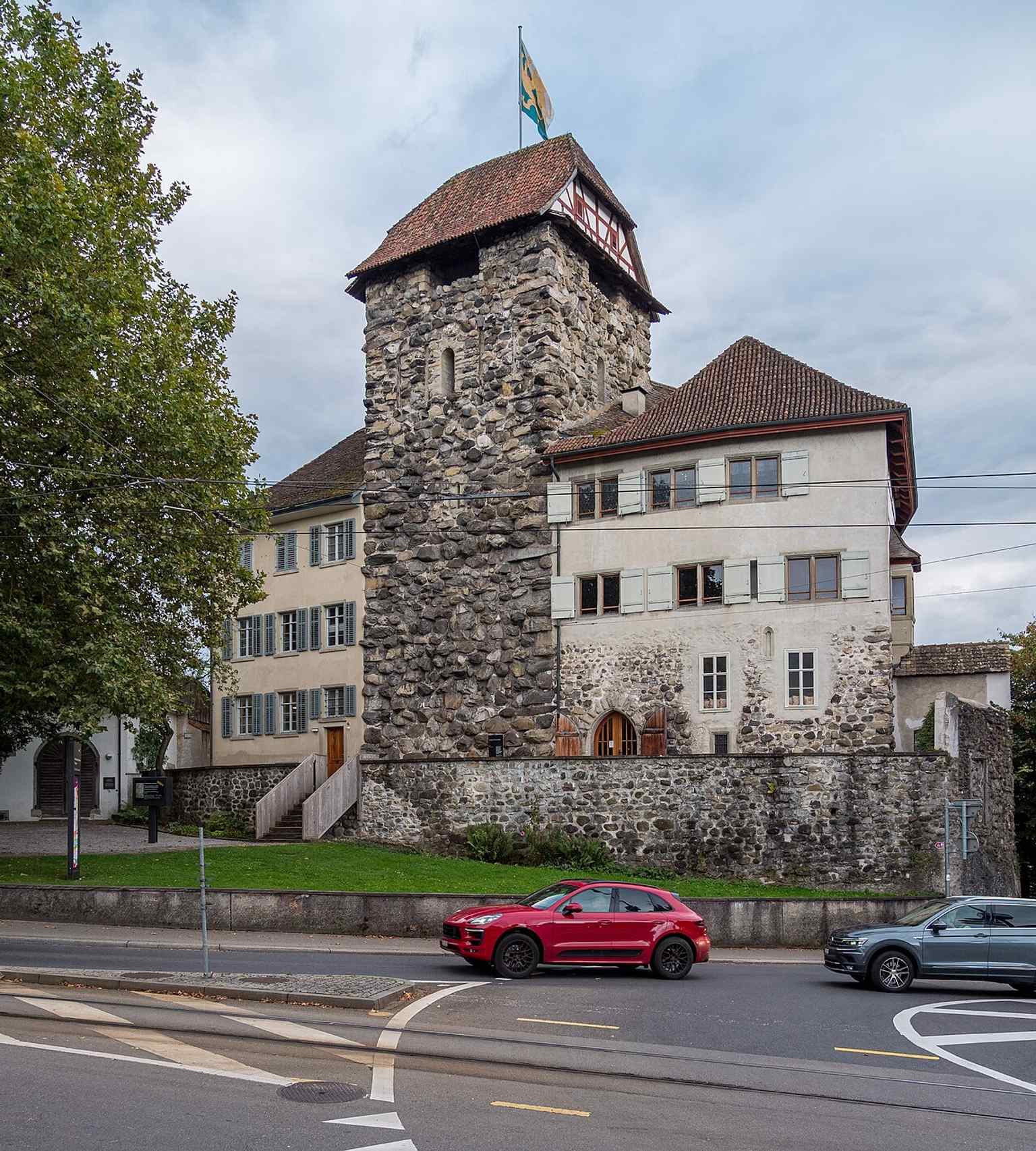 A clear modern north view of Frauenfeld Castle, showing the sturdy medieval keep that began as a Kyburg stronghold around 1230.