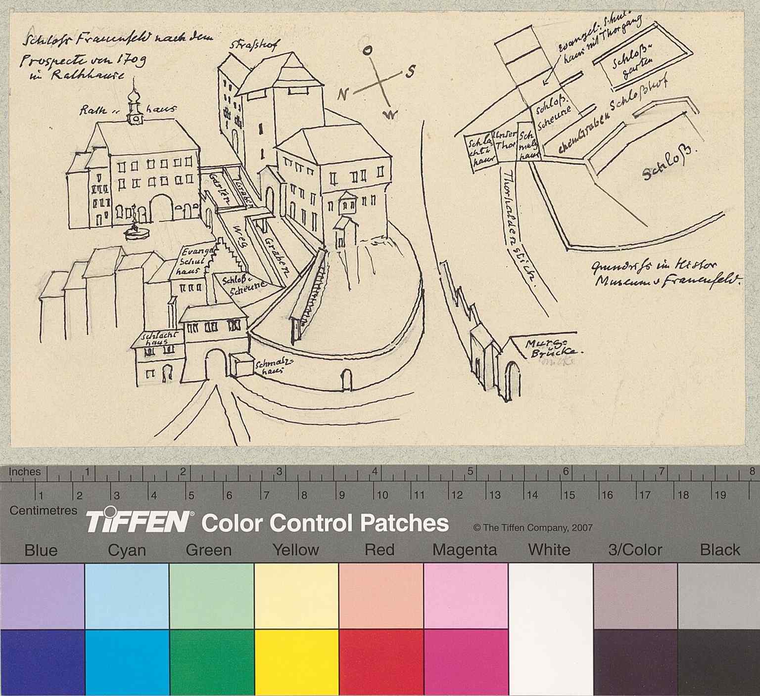 This print combines a castle view with a ground plan, useful for explaining the layered layout of keep, palas, and surrounding defenses.