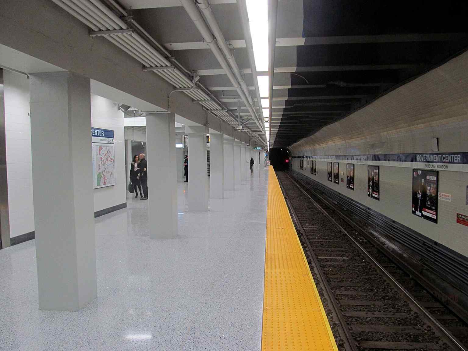 The eastbound Blue Line track on reopening day, part of the rebuilt station that reopened in March 2016 with new lighting and finishes.