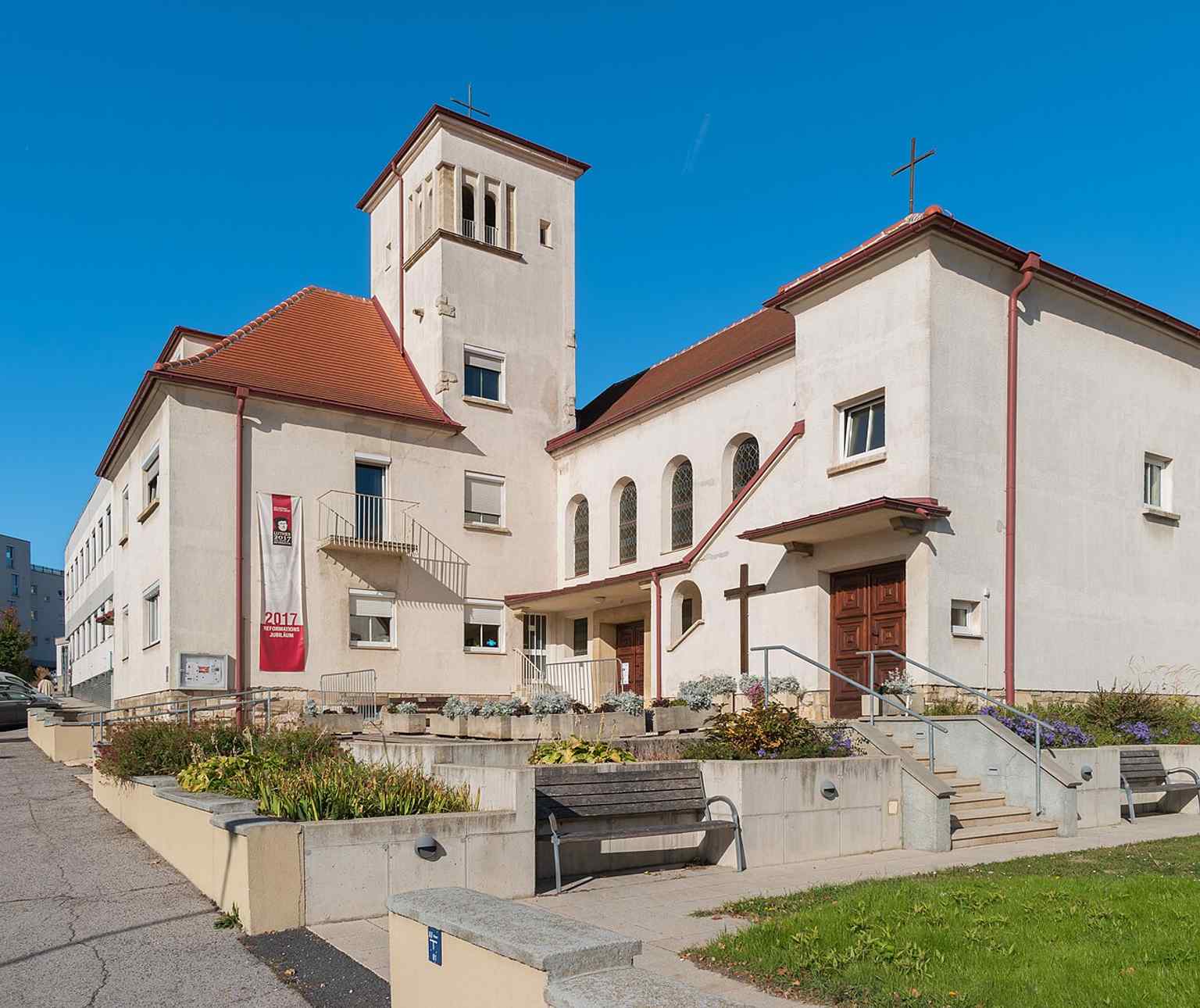 A clear modern view of the Resurrection Church in Eisenstadt, the main evangelical church in Burgenland after the superintendent’s seat moved to the city in 1956.