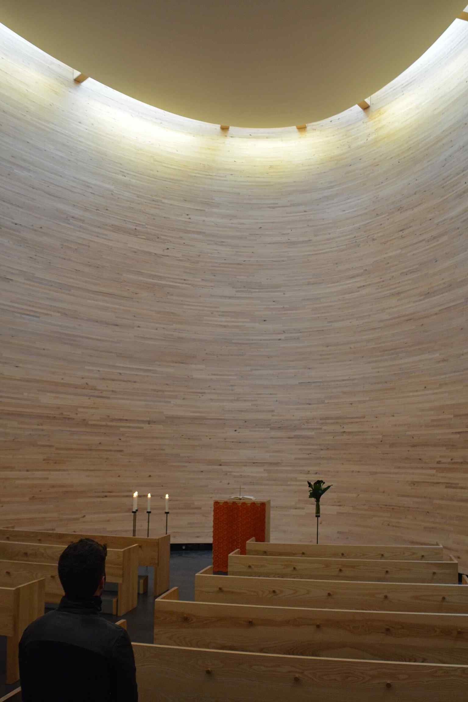 Inside the chapel’s silent, symbol-free prayer space, designed to block out the noise of busy central Helsinki.